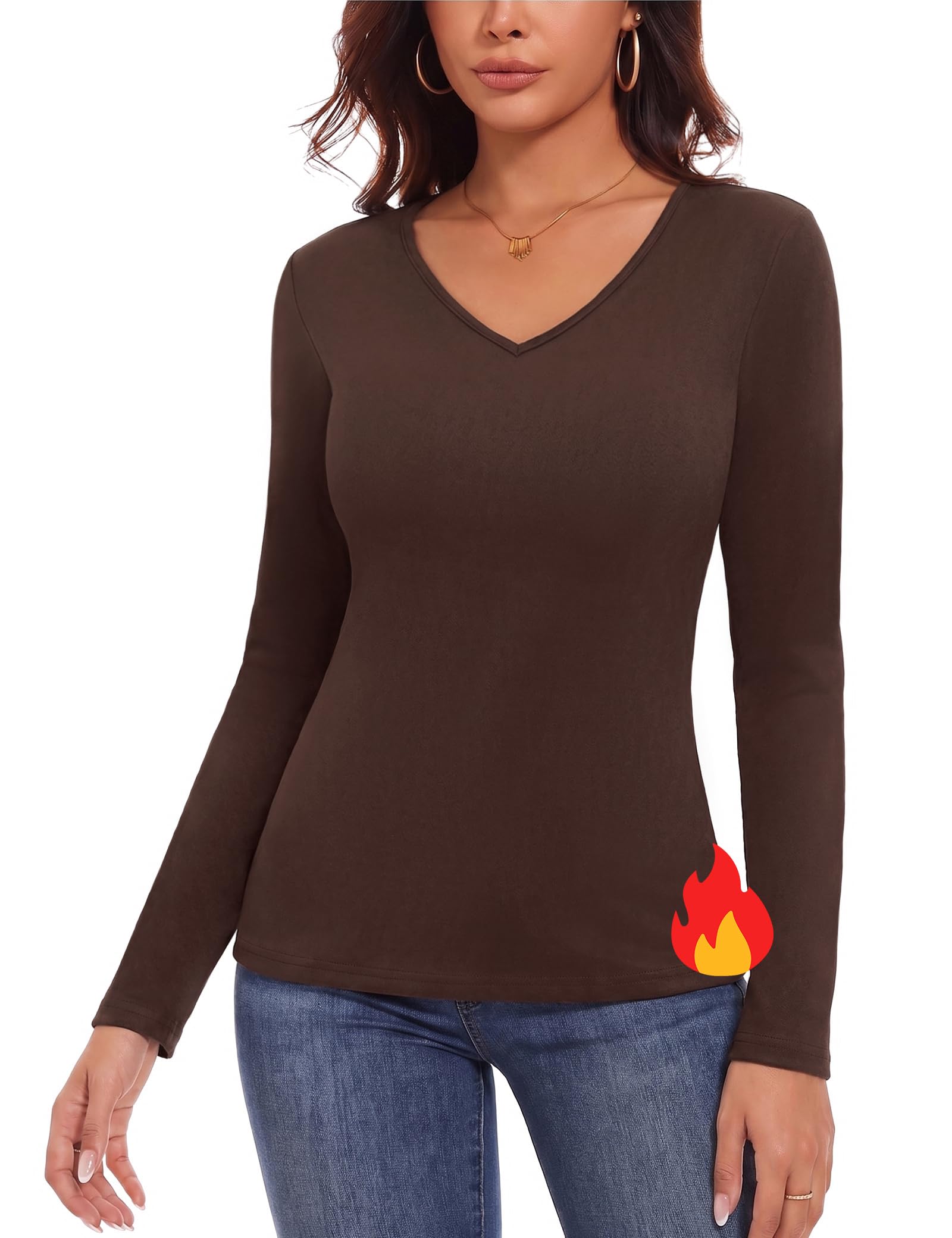 Totatuit Thermo Oberteile Damen Fleece Basic Thermoshirt Thermal Unterhemd | Langarmshirt Damen Langarm V-Ausschnitt Warm Unterziehshirt Winter Shirt Innen Damenoberteil Dickes Weiches Elastisches