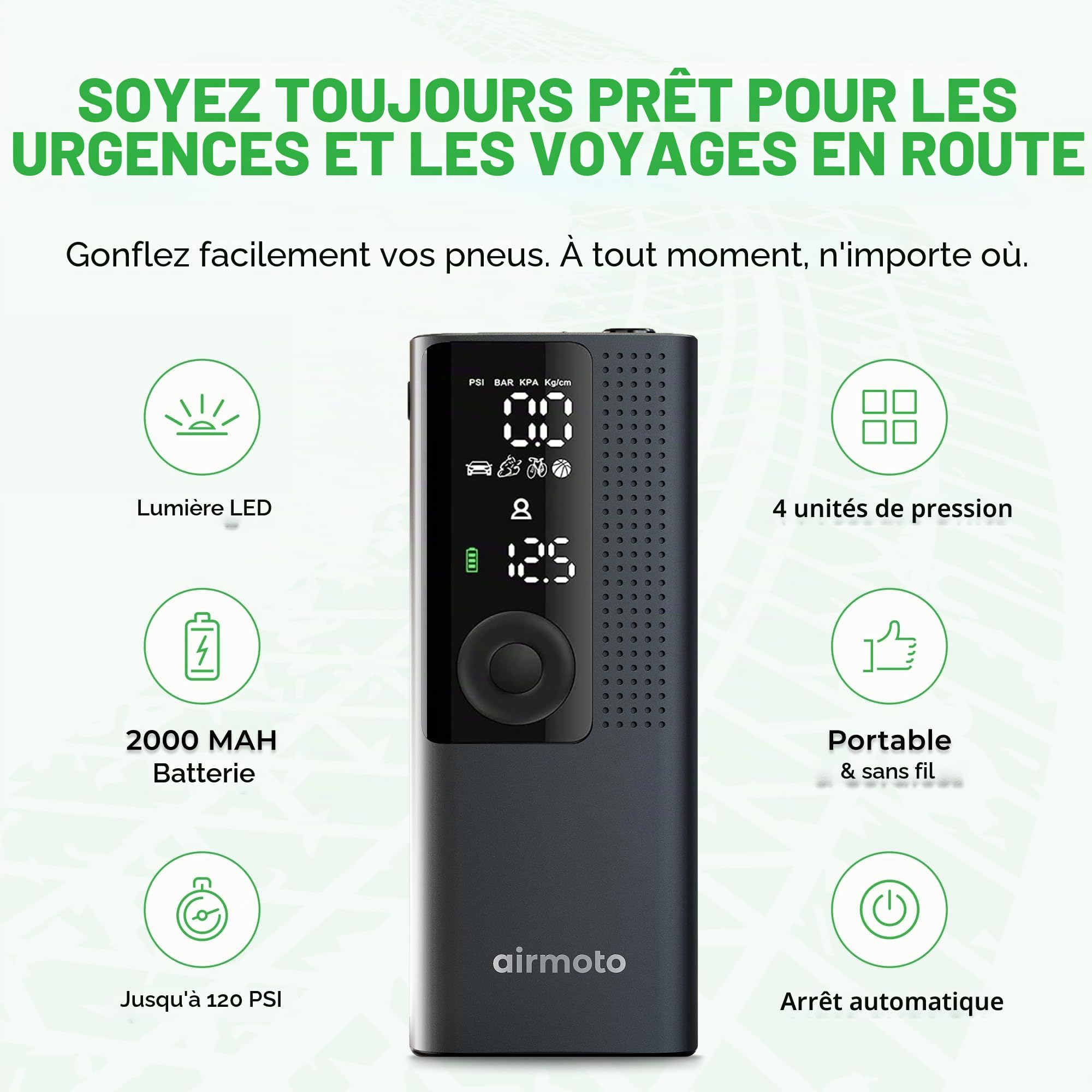 Airmoto Compresseur d'air portable – Pompe intelligente pour voiture, moto, vélo et plus – Comprend un manomètre de pression des pneus