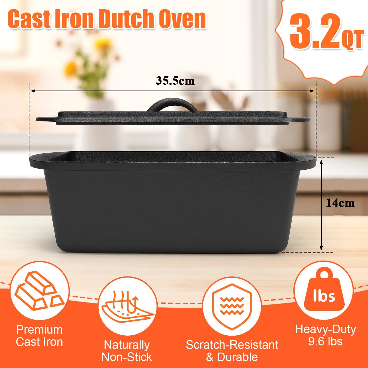 GFTIME Casseruola in Ghisa 36cm per Pane, con Coperchio - Robusta e Ideale per Pane