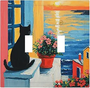 Decorative Switch Covers Plate Vintage Oil Painting Style Black Cat Sea Flowers 2 Gang Wall Plate Oversized Double Toggle Light Switch Plate Wall Cover Plate Faceplate for Bedroom Decor