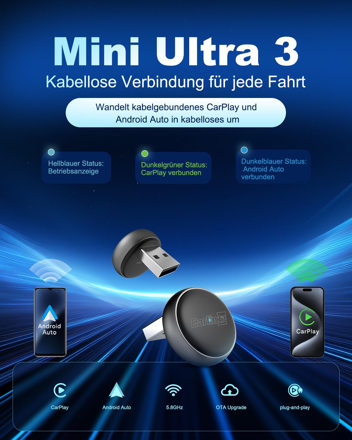 Carlinkit Wireless CarPlay & Android Auto Adapter – Mini Ultra 3, wandelt OEM-Kabelverbindung in kabelloses CarPlay/Android Auto für iPhone & Android 11+, USB-A/Type-C Plug & Play, Online-Upgrade