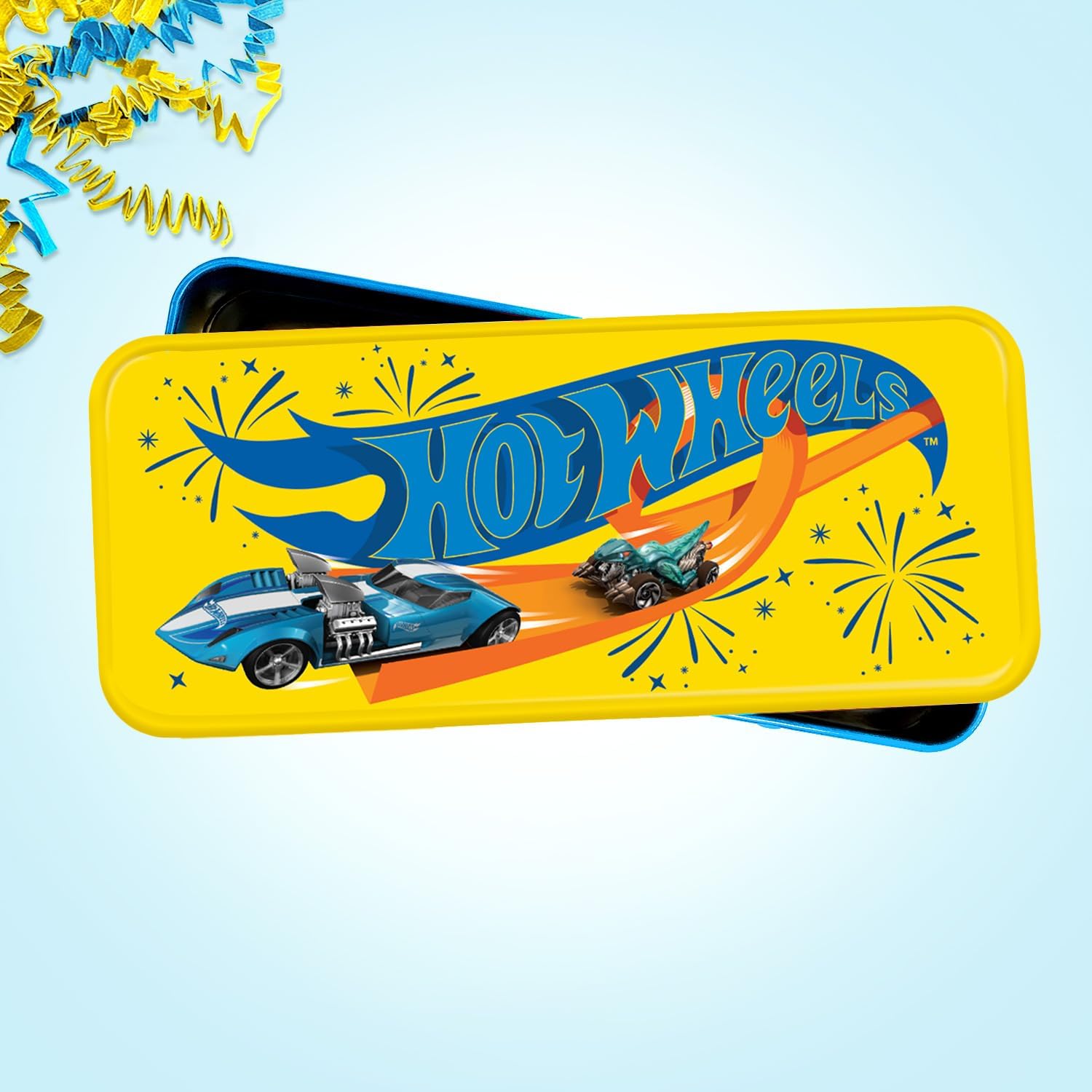 Hot Wheels Birthday Party Gift Set - Tin Box, Tin Pencil Case, Stickers, Birthday Necklace, Plush, and Birthday Hat