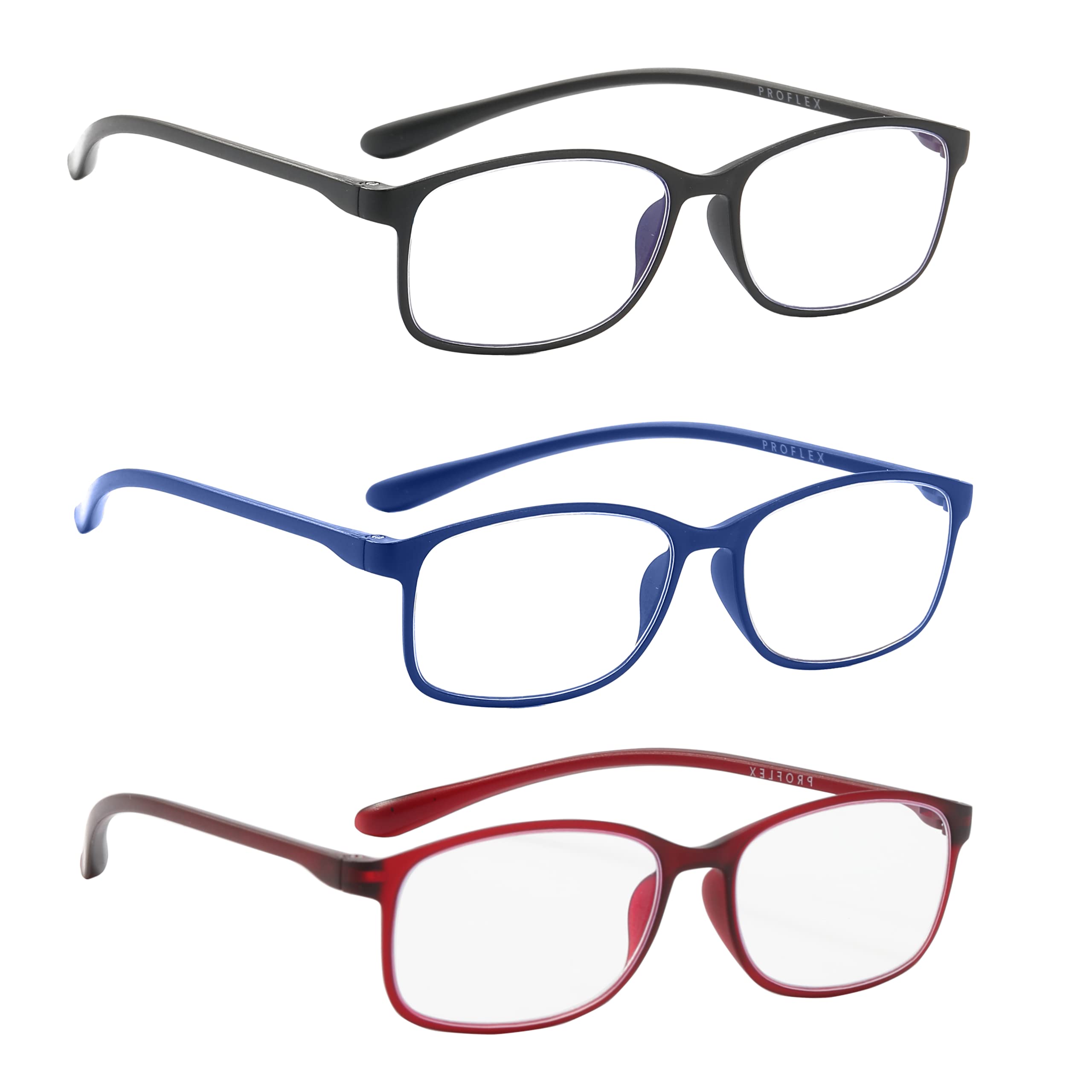 PROFLEX BluOptix Blue Light Blocking (3 Pack) lightweight, flexible, scratch resistant, unisex (mens + womens)
