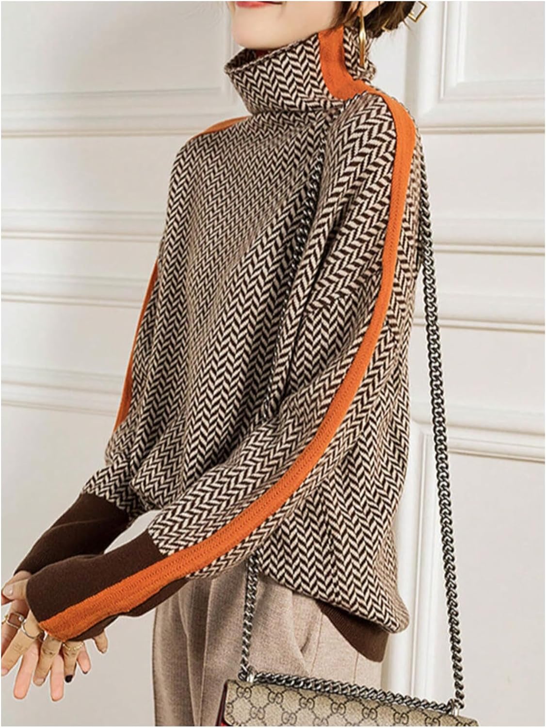 Women's Fall Sweater Long Sleeve Pullover Sweaters High Neck Chevron Knitwear Tops