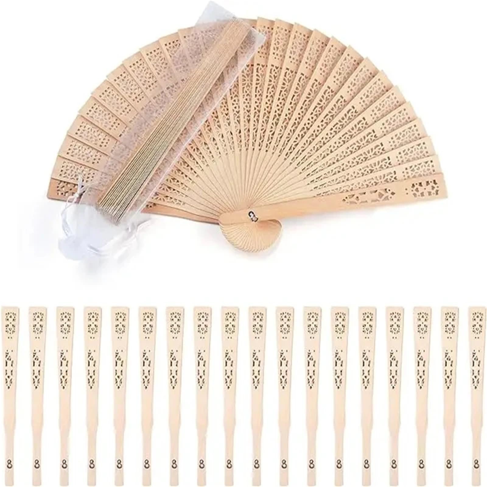 Gwyzax Wooden Folding Fan 30Pcs Carved Wood Folding Hand Fans for Wedding Party Favors with Organza Bag
