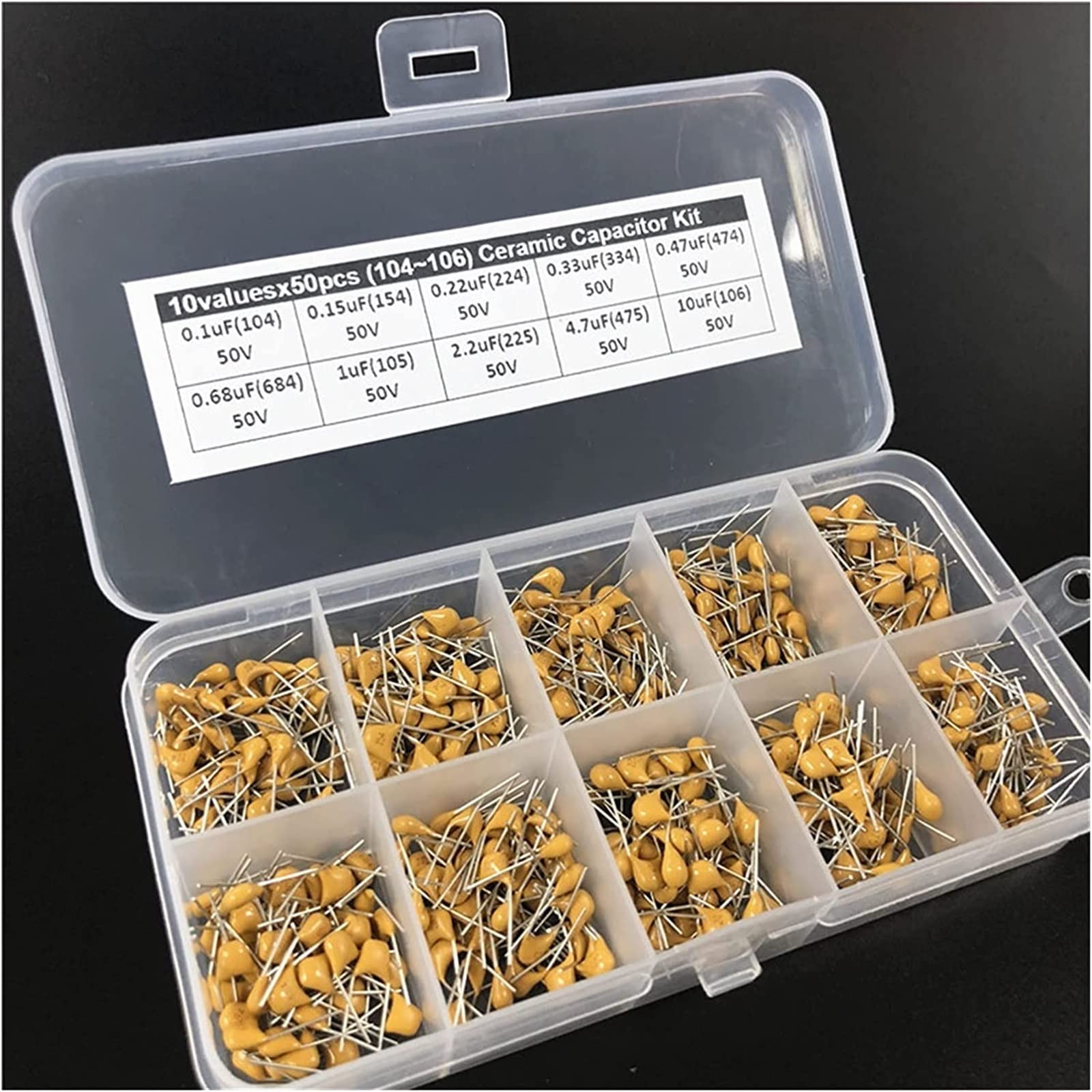 Accesorios electrónicos Kit de condensadores Kit de condensadores cerámicos monolíticos/multicapa 50V 0.1uF 10pF~10uF P=5.08mm 30Valuesx50 Total 1500pcs con condensadores de caja Dispositivos electrón