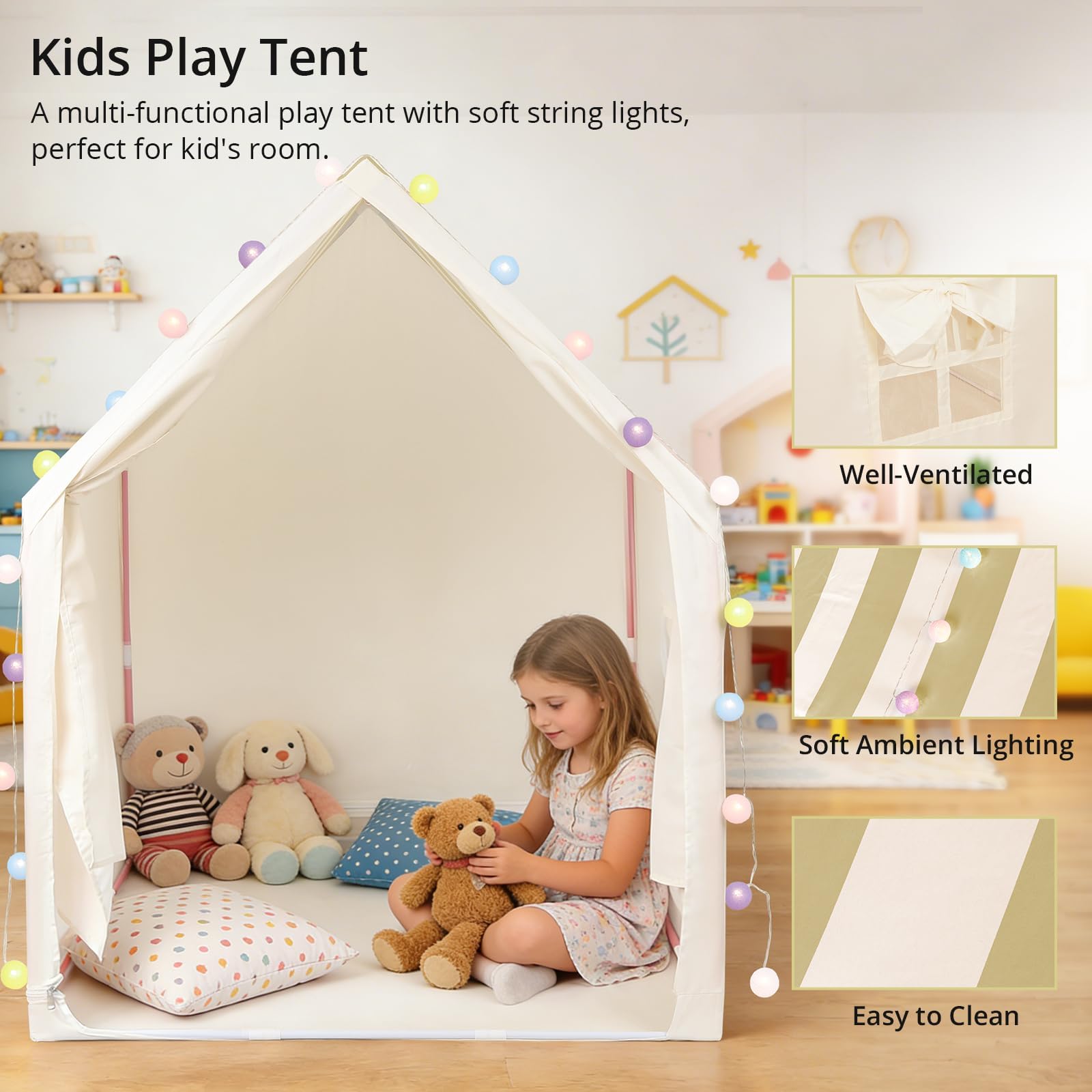 Anbte Tenda per bambini con luci, casetta giocattolo per bambini, spaziosa e portatile, per interni ed esterni, tenda da gioco per bambini a partire dai 3 anni, facile da montare, asta in metallo