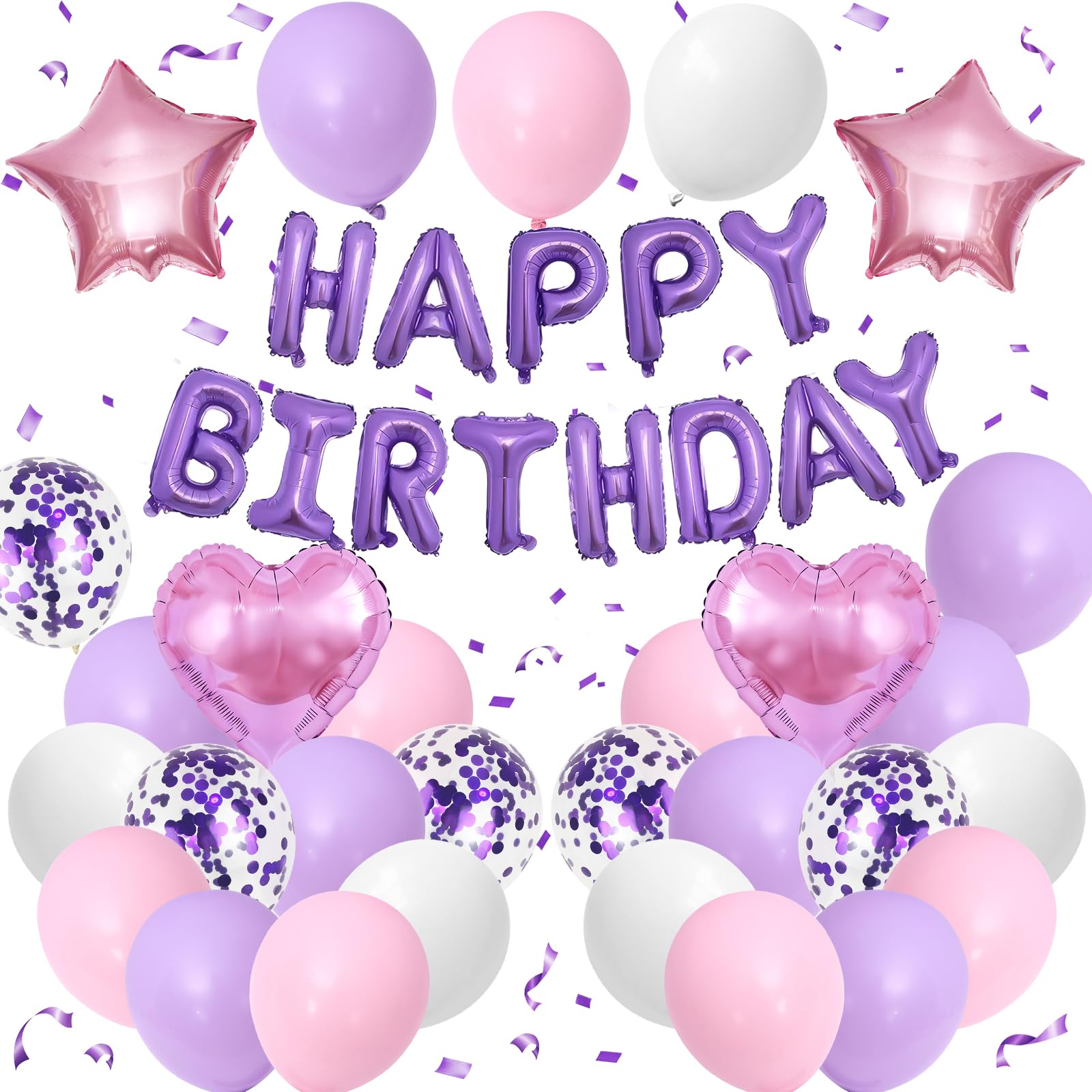 Pink Purple Birthday Decorations for Women Girls Kids,Pink Purple White Balloons Happy Birthdays Balloon Banner Confetti Balloons for Birthday Baby