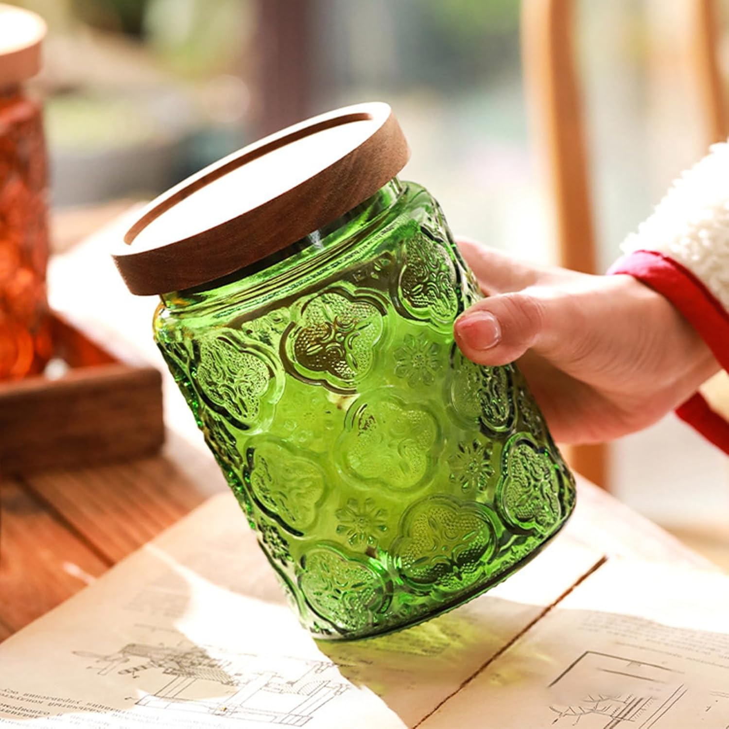 Glass Jar with Lid, Vintage Glass Storage Jars with Airtight Lid Coffee Canister Sugar Container for Kitchen Counter Pantry, Flour, Candy, Tea, Coffee Beans, Oats (Sunflower Green*2) - Image 5