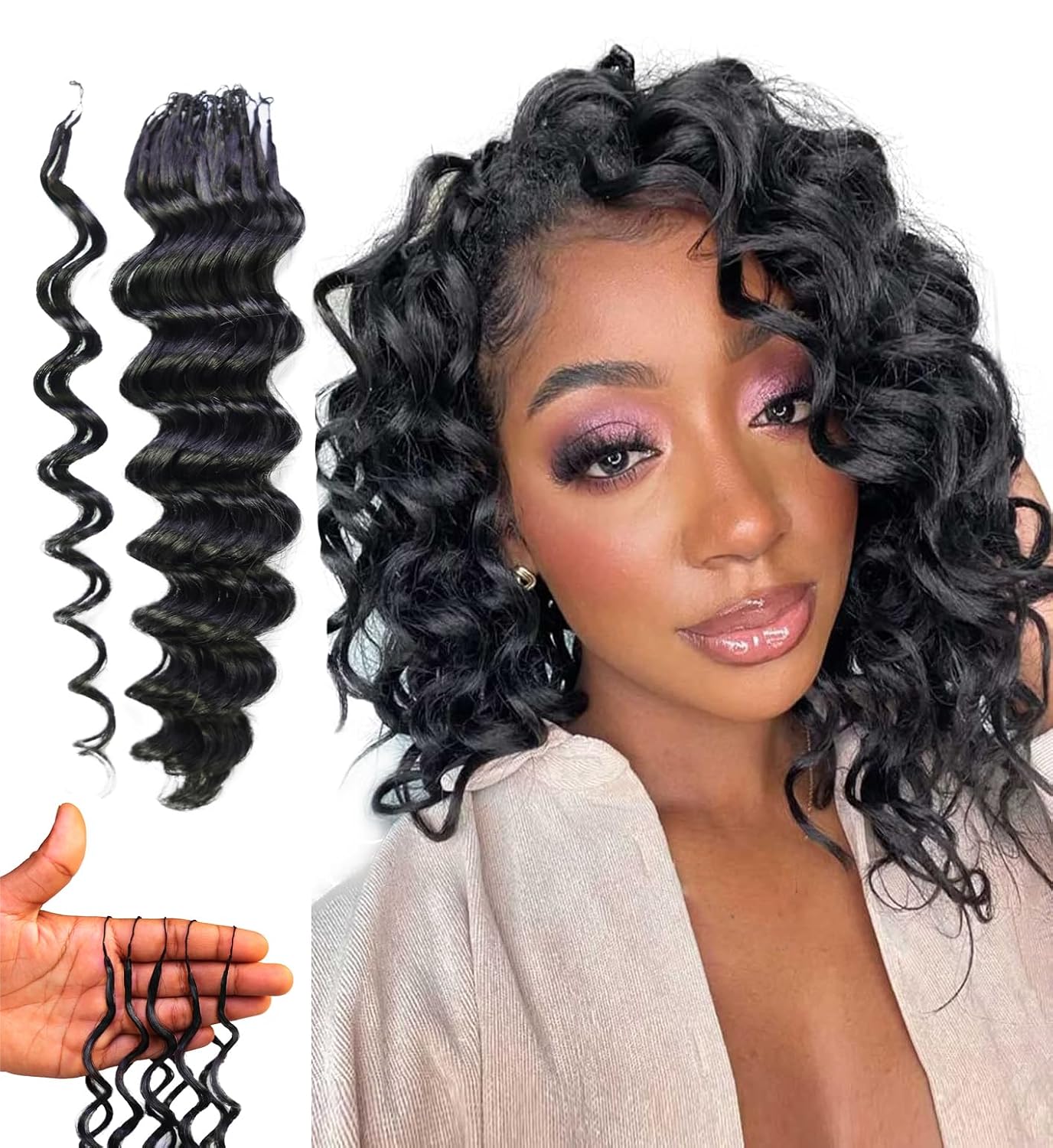 LUXLUXE Deep Wave Real Human Crochet Hair Extensions - Natural Black 14 Inch 40g 40 Strands Knotless Pre Separated Feather Hairpiece for Women