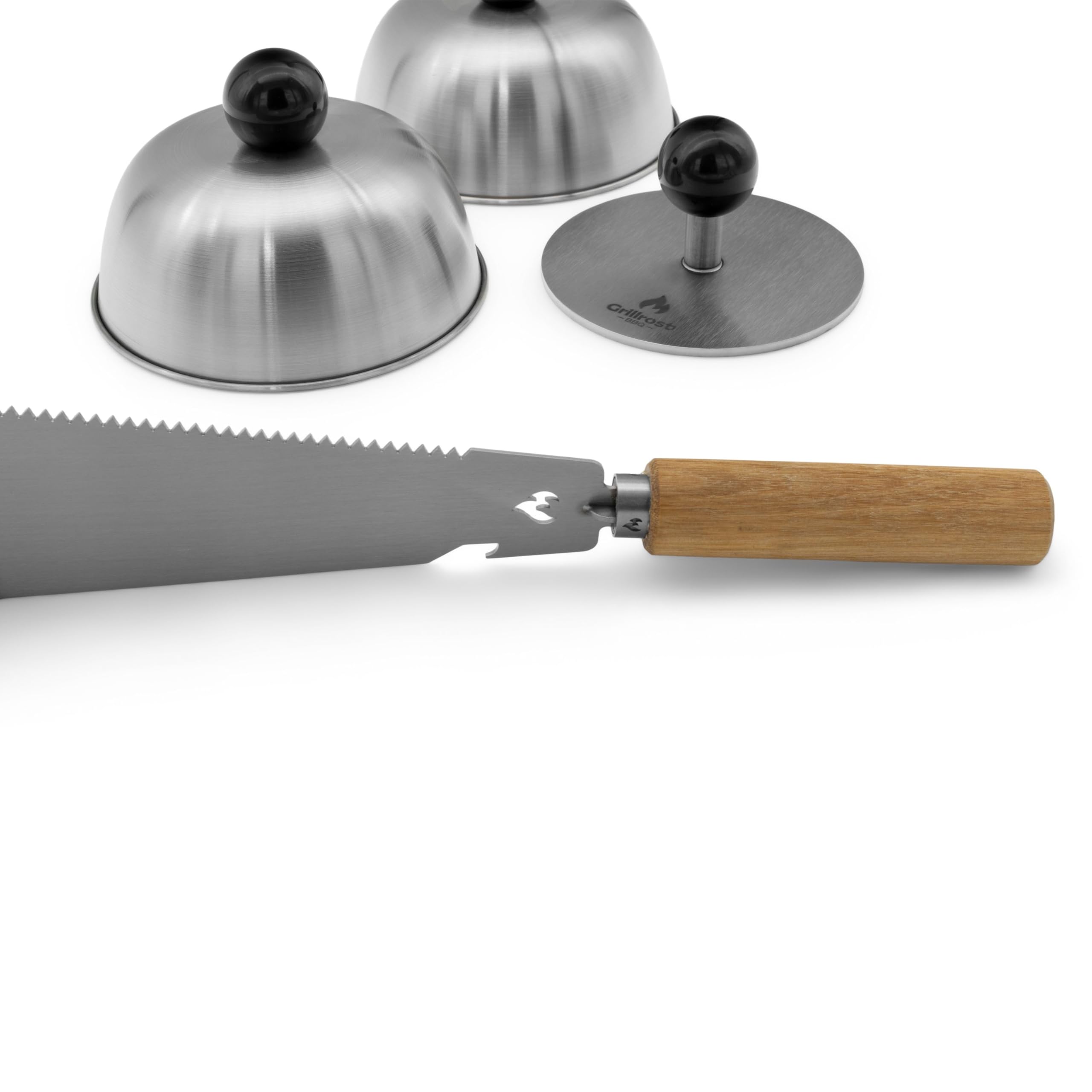 Grillrost.com Das Original Burger Set für perfekte Burger von Feuerplatte und Plancha - 1 Smasher | 1 Grillmachete | 2 Burgerglocken