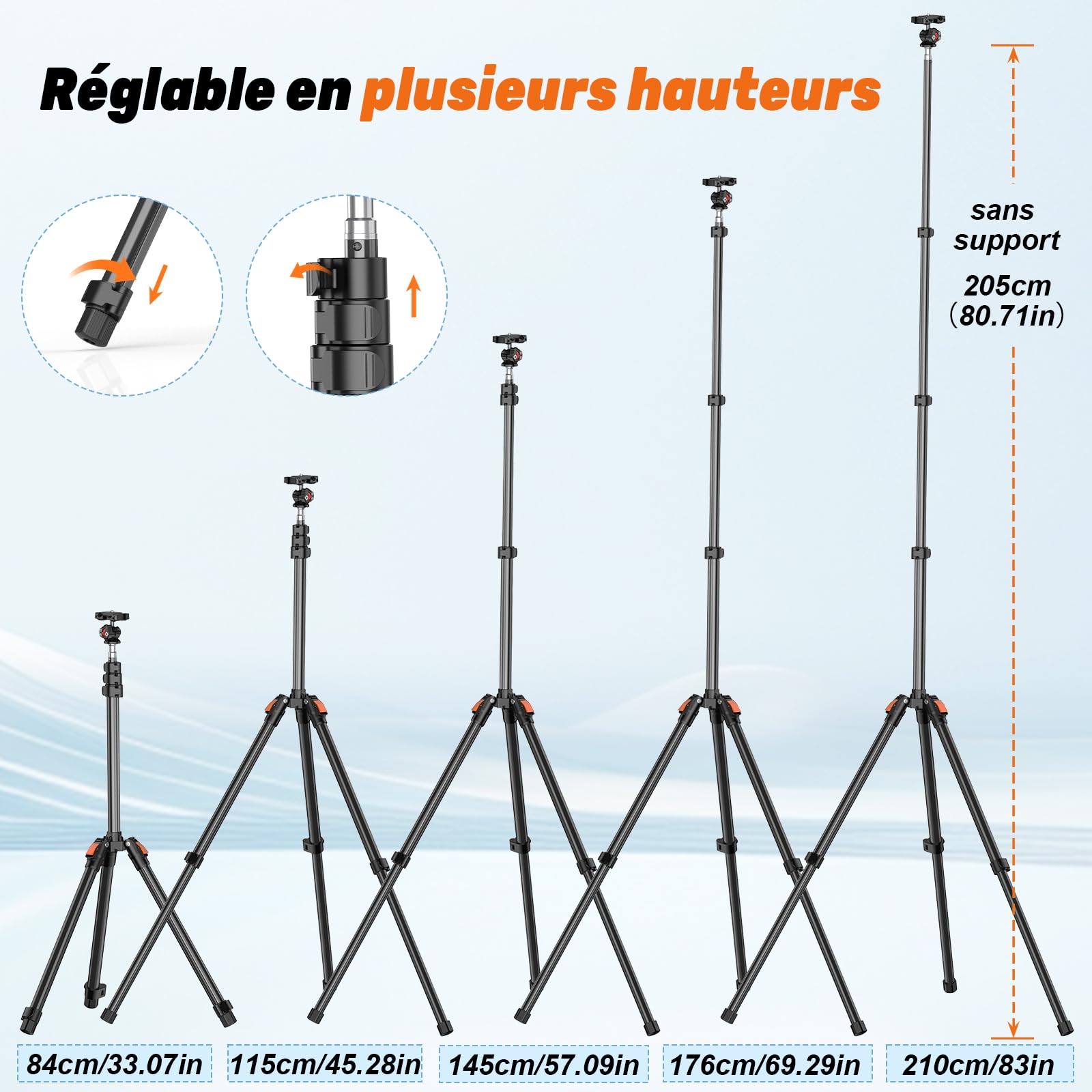 XXZU 210cm Trépied de Lampe avec Rotule, Support d'éclairage Trépied Pliant Réversible pour Studio Photographie Charge 4kg pour Softbox/Réflecteur/Lumière/Flash/Appareil Photo/Téléphone