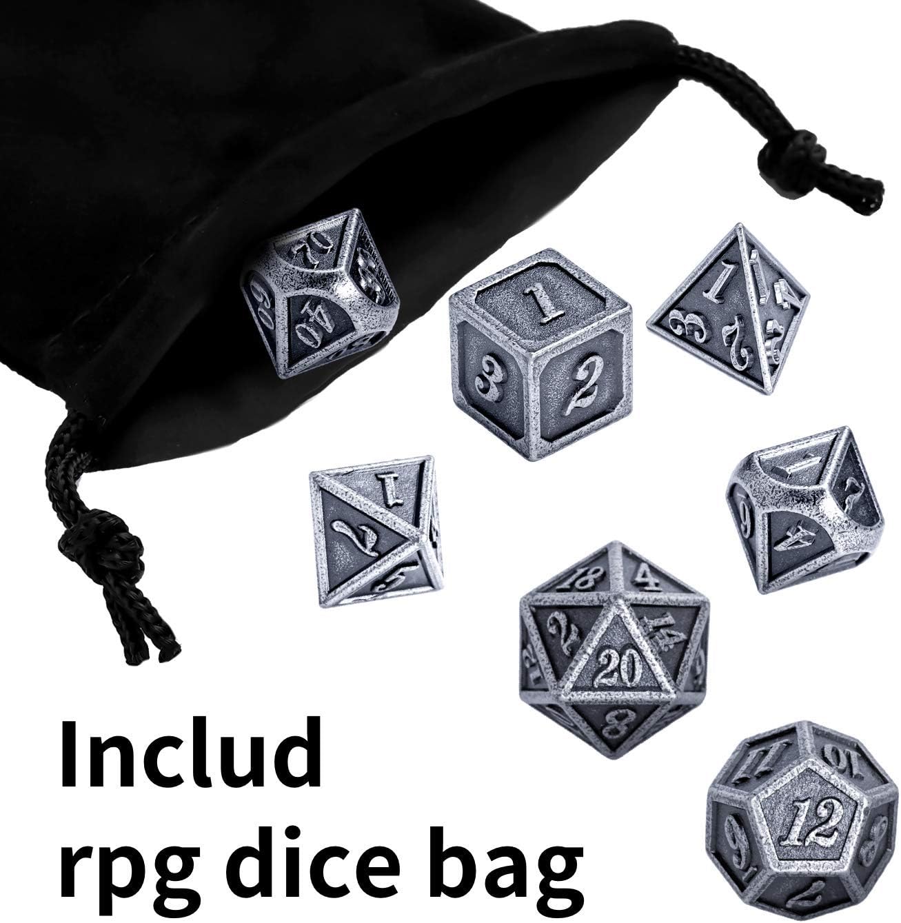 Metal dice Set d&d for RPG Game Dungeons and Dragons with dice Bag Including DND polyhedral dice D20 D12 D10 D8 D6 D4.?