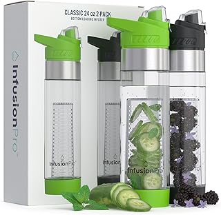 Infusion Pro 24 oz Fruit Infuser Water Bottle, 2 Pack, Flip Top Lid, Ins...