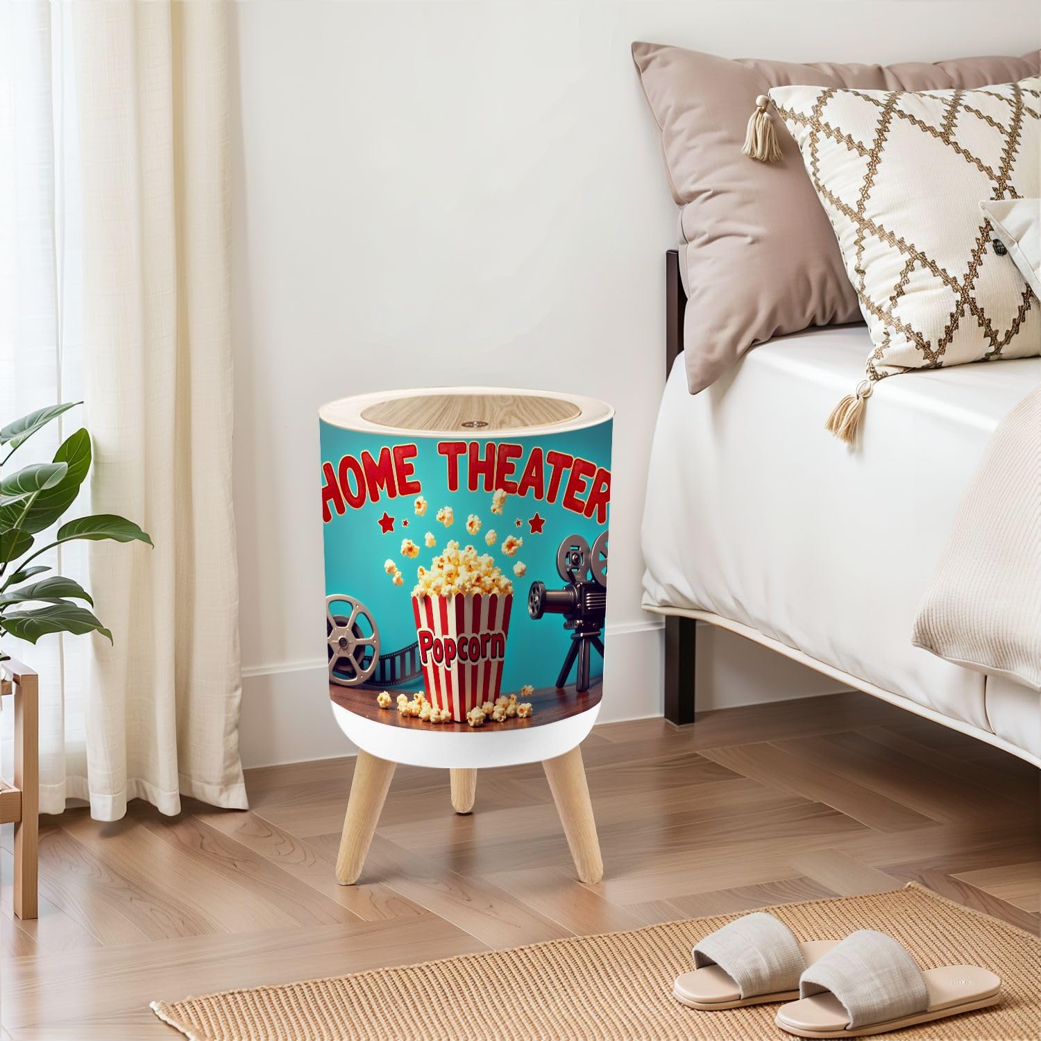 Small Trash Can with Lid Classic Fashion Cinema Film Reels Bar Pub Popcorn Reel Projector 1.8 Gallon Dog Proof Trash Can Round Garbage Can Waste Bin Wastebasket for Bathroom Bedroom Living Room