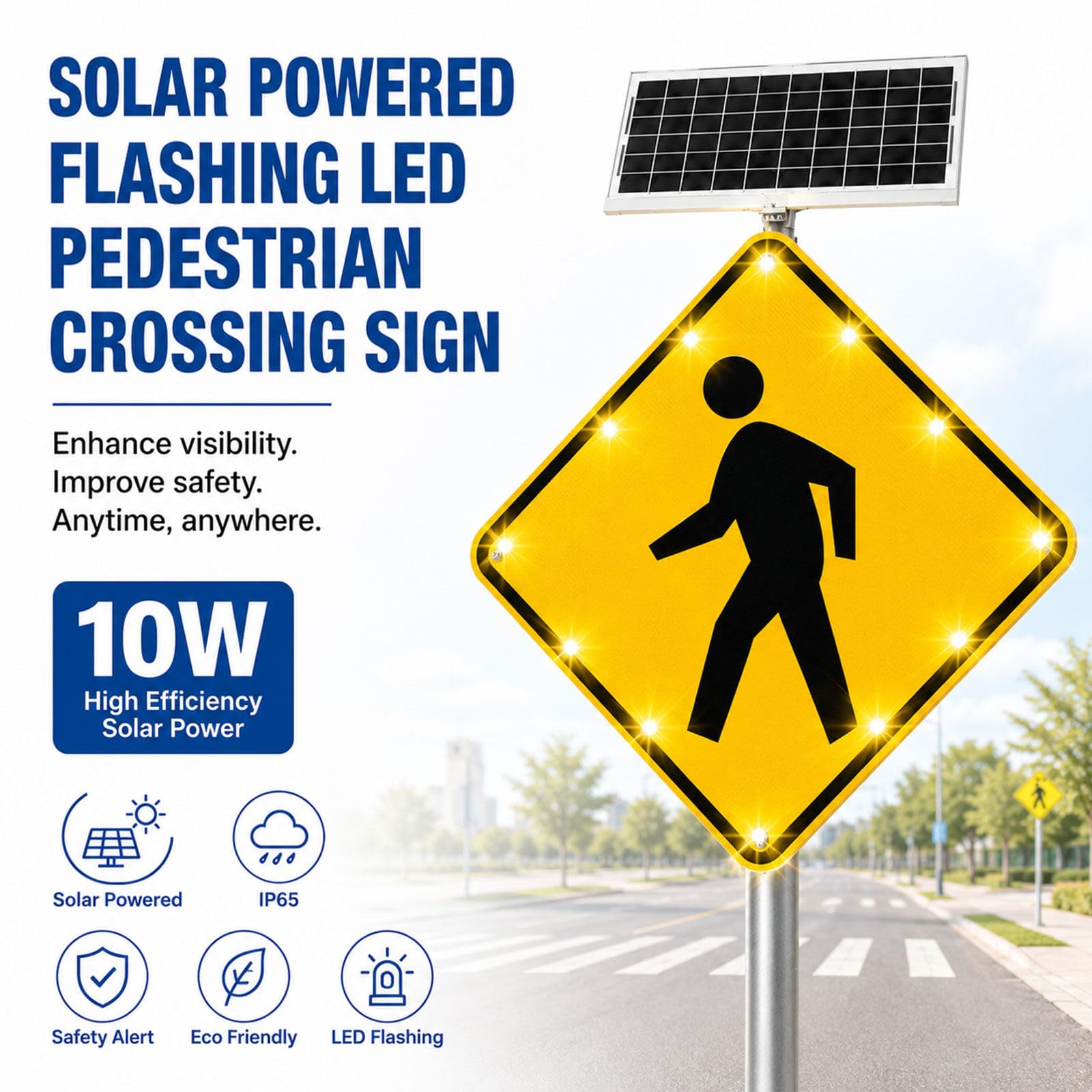 Señal de Paso de peatones Solar de 30 Pulgadas, 12 Luces 24IN | pulgadas de espesor total, distancia visual de 800 m, para entradas de vehículos e intersecciones de parques industriales