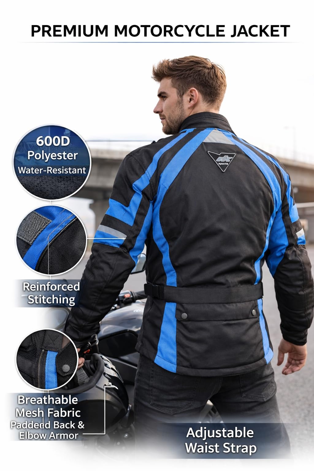 WODOODPORNA KURTKA MOTOCYKLOWA CZARNA CE ARMORY, NIEBIESKI, 3XL