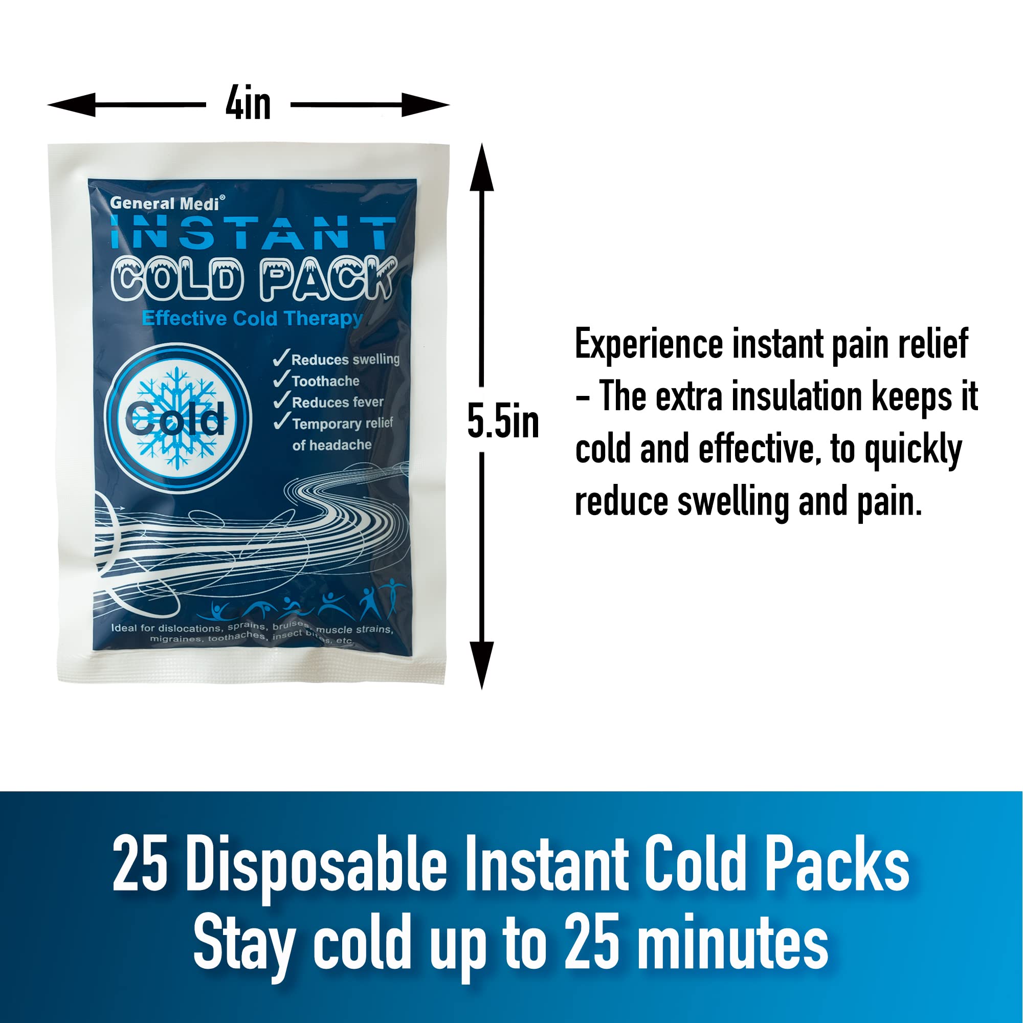 Instant Cold Pack (4”x 5.5”) Set of 25 Disposable Cold Therapy Ice