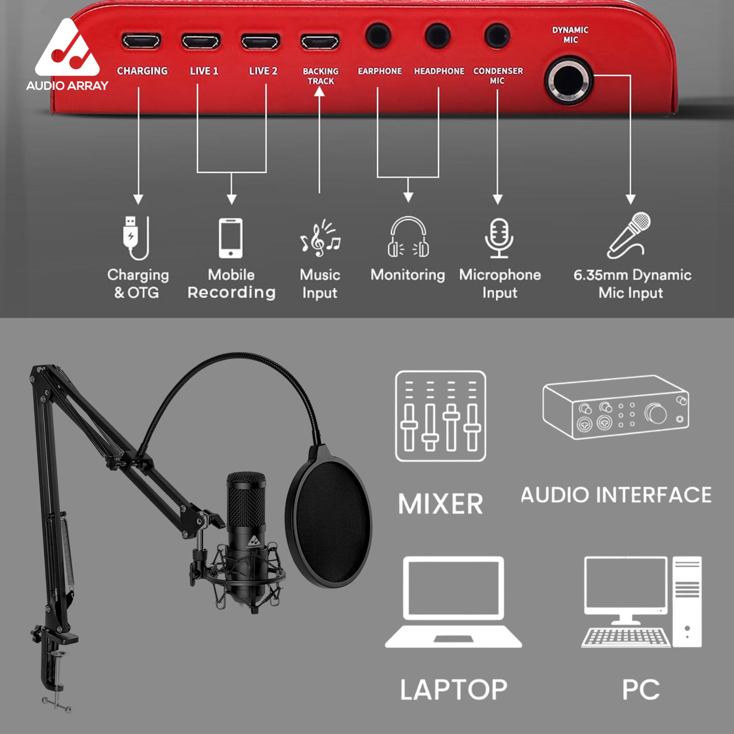 Audio Array Singing Bundle | Condenser Mic with Boom Arm & Sound Card V8 | Voice Effects, Reverb, Bluetooth | Ideal for Podcasting, Karaoke, Live Streaming, YouTube & Singing - GB-03 — Amazon image 7