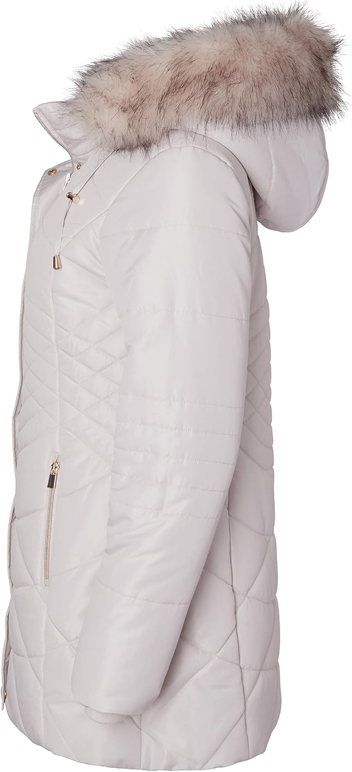 Women Longer Length Plush Lined Quilted Winter Puffer Coat Zip-Off Fur Trim Hood