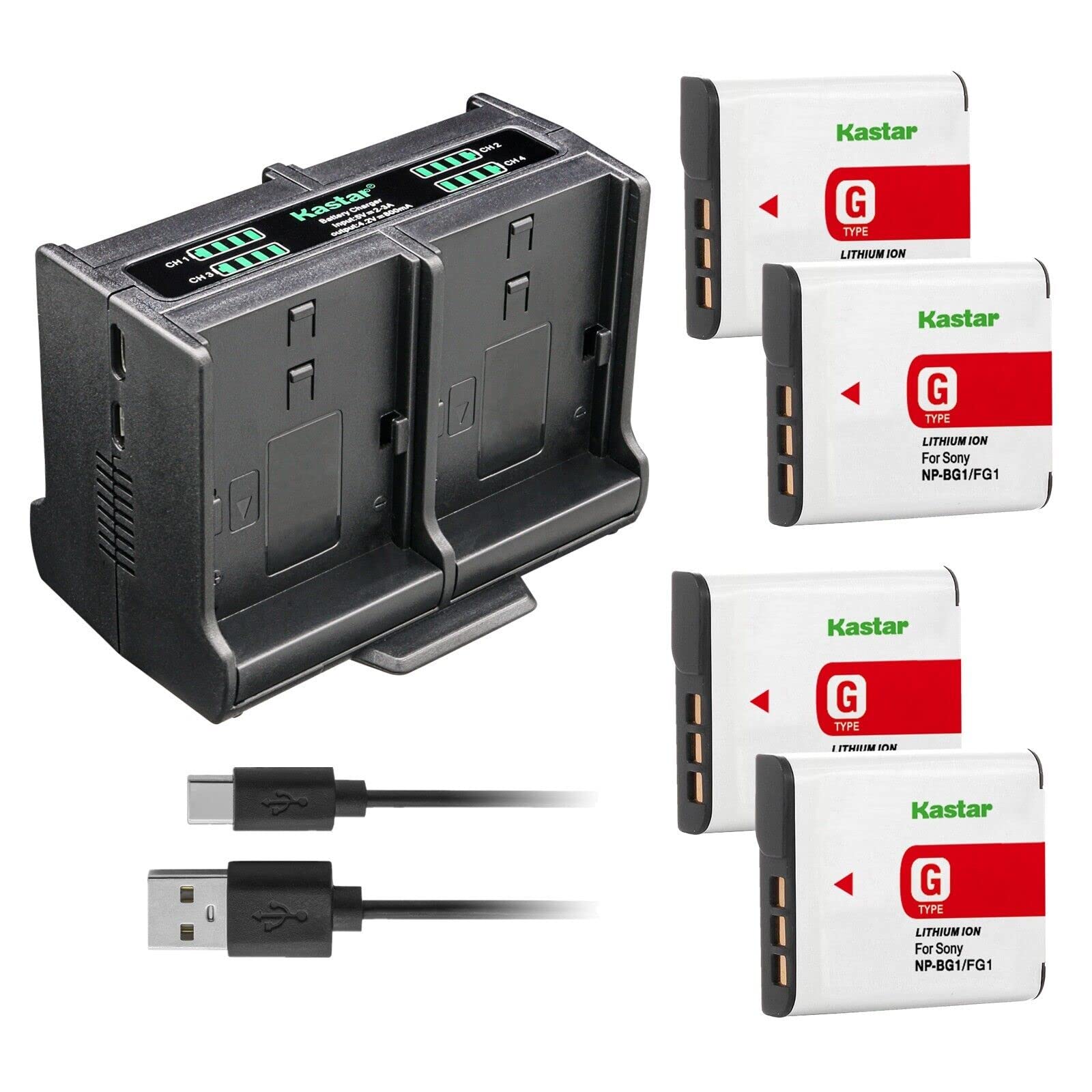 Kastar 4-Pack Battery and Quadruple Charger Compatible with Sony NP-BG1, NP-FG1, G Type Battery, Sony BC-CSG, BC-CSGD, BC-CSGE Charger, Sony DSC-W230, DSC-W270, DSC-W275, DSC-W290, DSC-W300 Camera