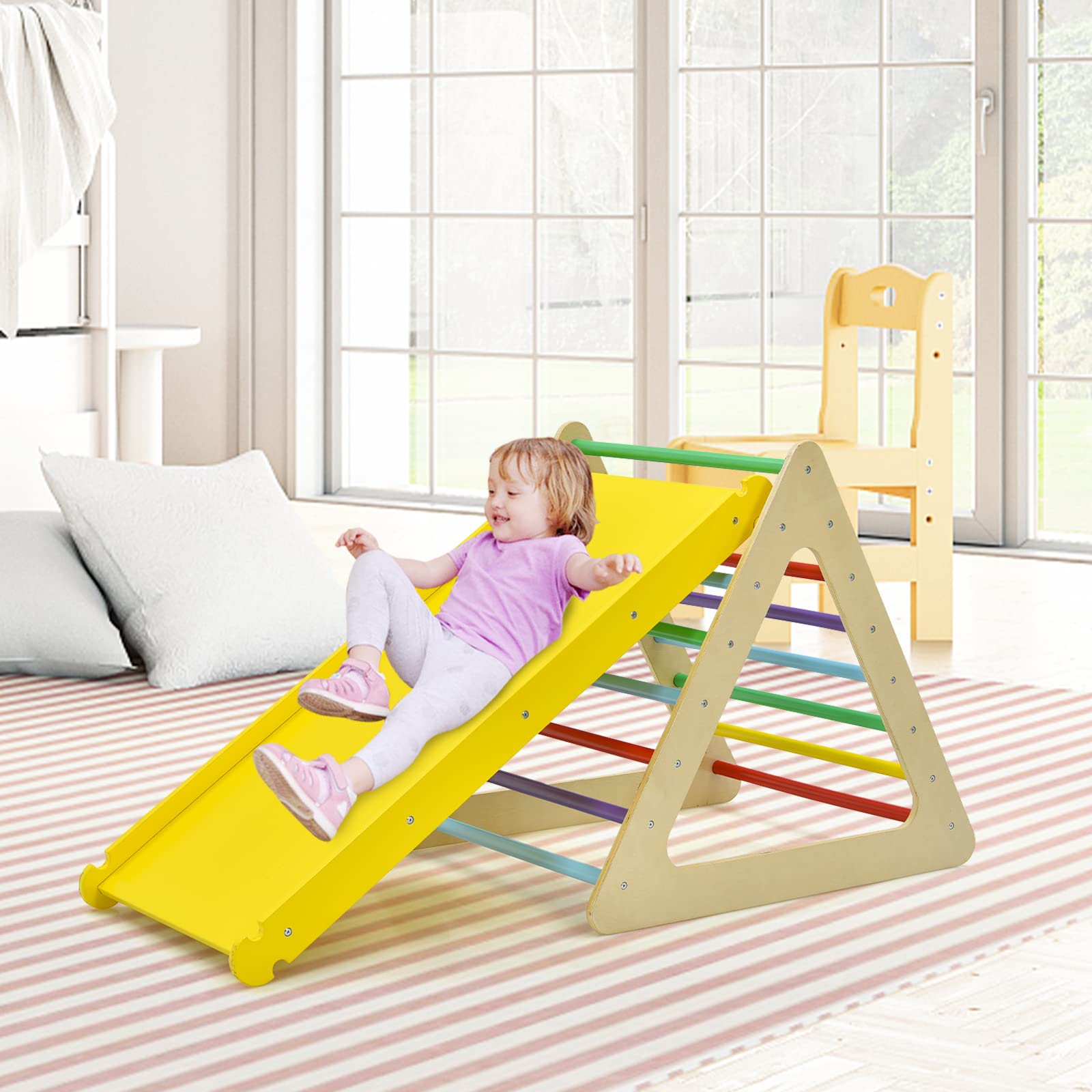 DREAMADE 3 in 1 Kletterdreieck mit Rutschbrett & Leiter, Indoor Klettergerüst klappbar, Holzdreieck Sprossendreieck Klettergerät, Kletterspielzeug Set aus Holz, für Kinder ab 3 Jahre (Bunt)