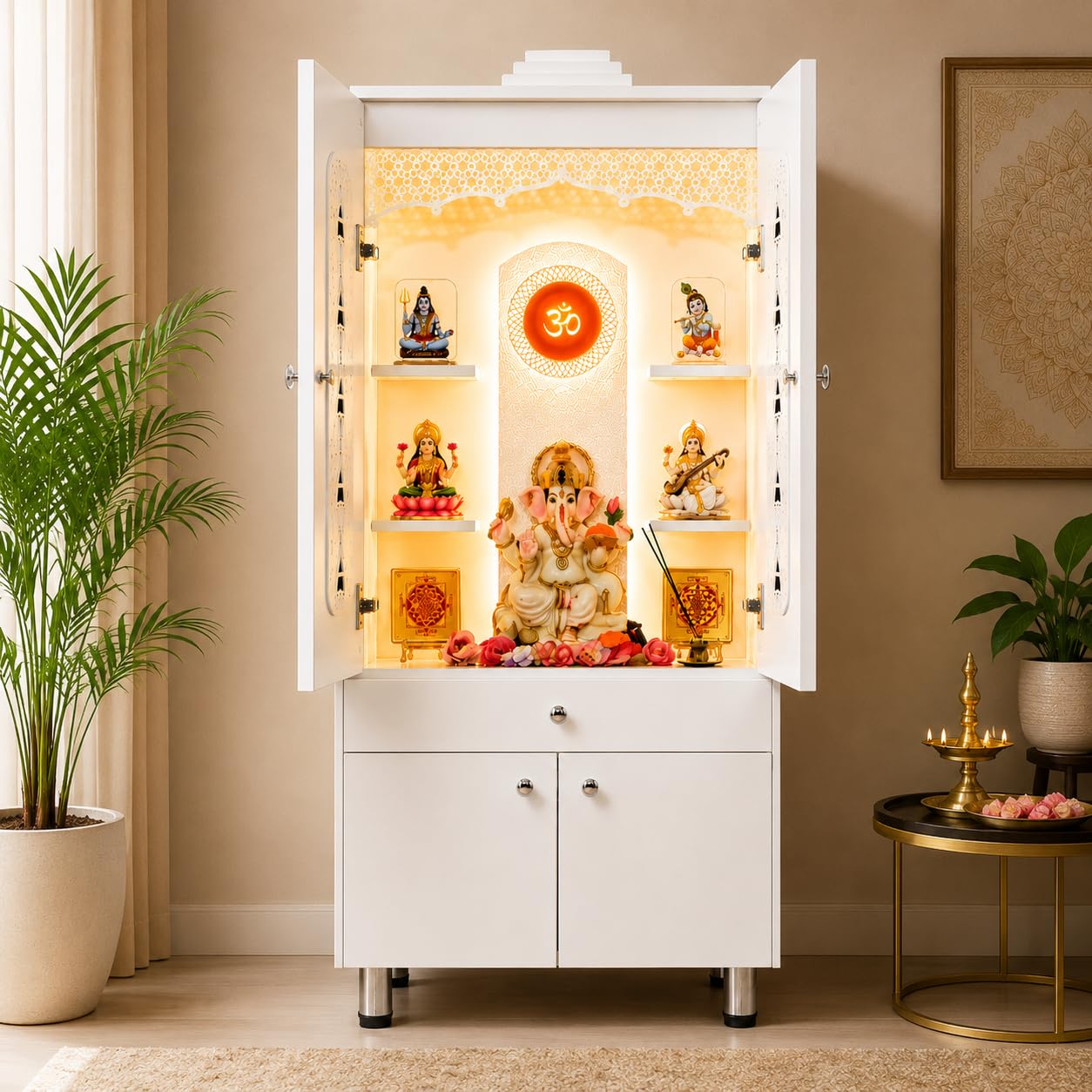 Wooden Mandir in White Color with Ambient Lights Closed Doors and Cabinet | Home Temple with Doors Floating Shelves Drawer Storage-image-1