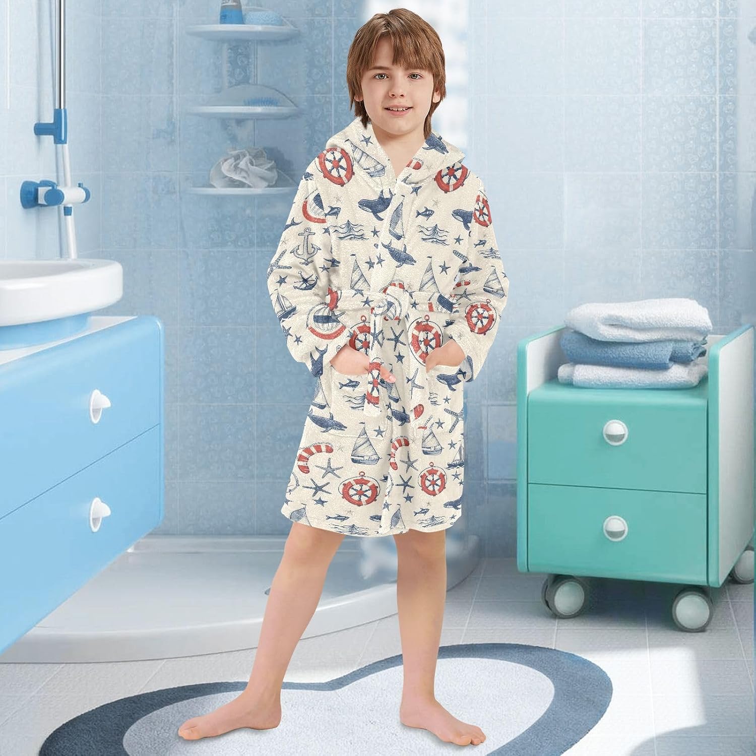 senya Boat Whale Toddler Hooded Bathrobe Kids Soft Plush Bath Towel Robes for Boys Girls 2-12 Years