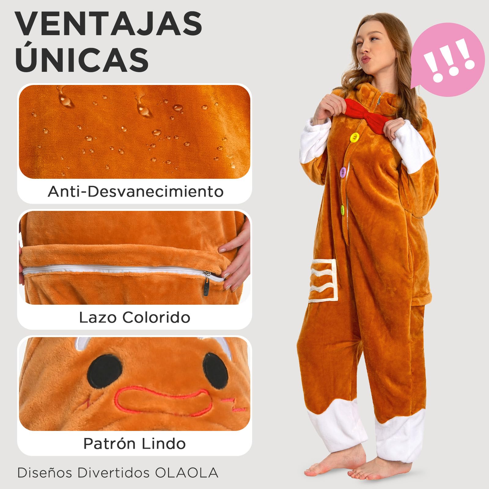 OLAOLA Pijama Entero Adulto Reno Pan de Jengibre Navideño, Felpa Suave Unisex para Carnaval, Navidad, Halloween