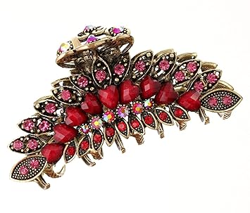 Red: Numblartd Vintage Chic Metal Alloy Imitation Turquoise Rhinestone Fancy Non-Slip Hair Claw Jaw Clips Pins - Women Girls Fashion Retro Large Size Hair Catch Hair Updo Grip For
