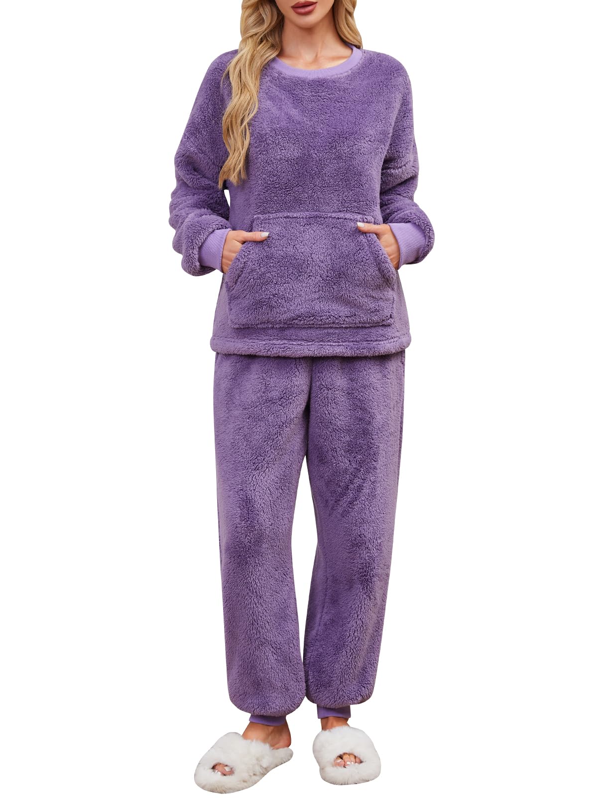 UMIPUBO Pigiama Donna Invernale Felpato Pigiami in Pile Caldo Set Due Pezzi Tuta Termico Invernali Completo da Casa Top a Maniche Lunghe e Pantaloni Lounge Morbido Sleepwear con Tasche