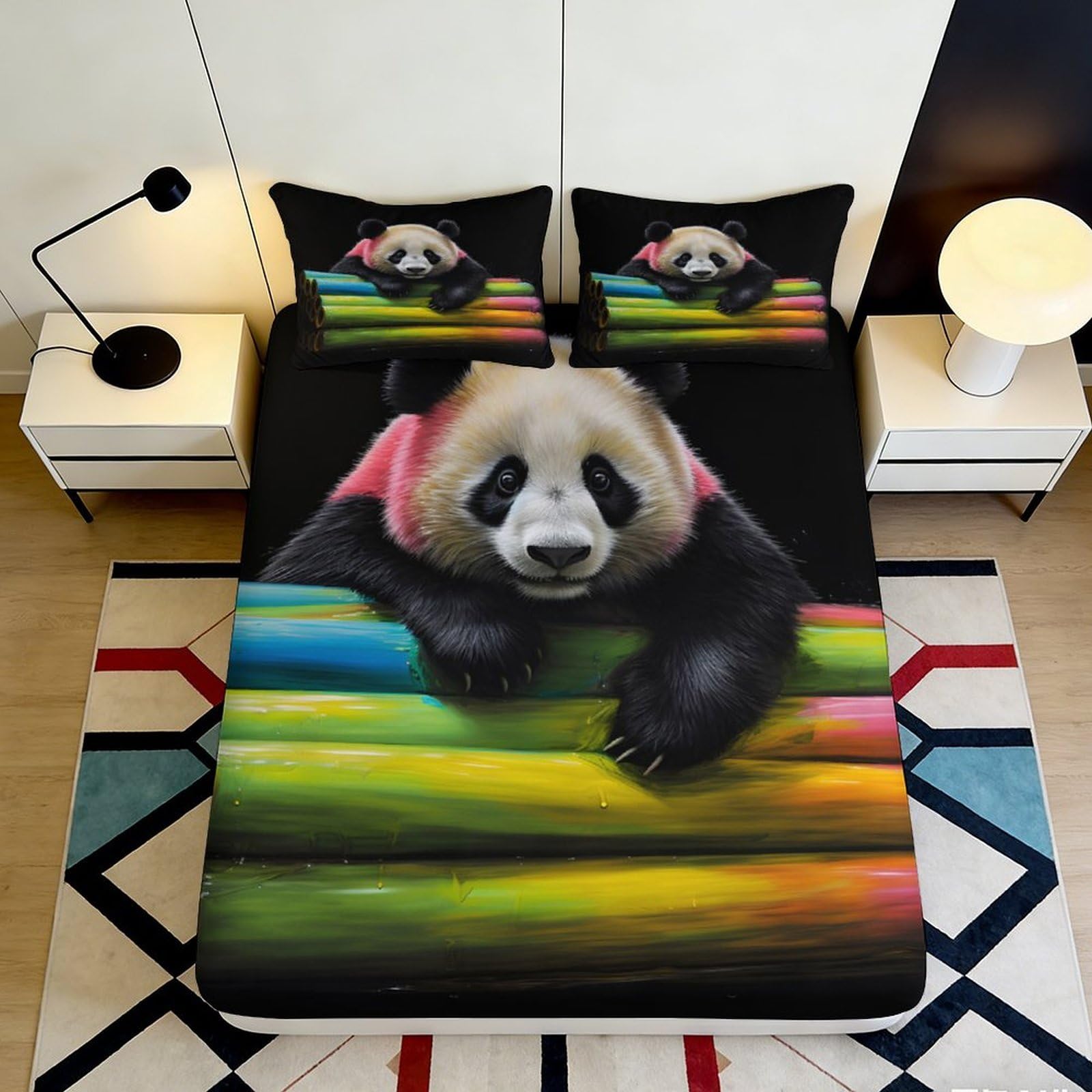 3D Printed Colorful Panda Fitted Sheet Microfiber Deep Pocket Non-Slip Rainbow Panda Mattress Fitted Cover Washable for Bedroom 200x200x25cm