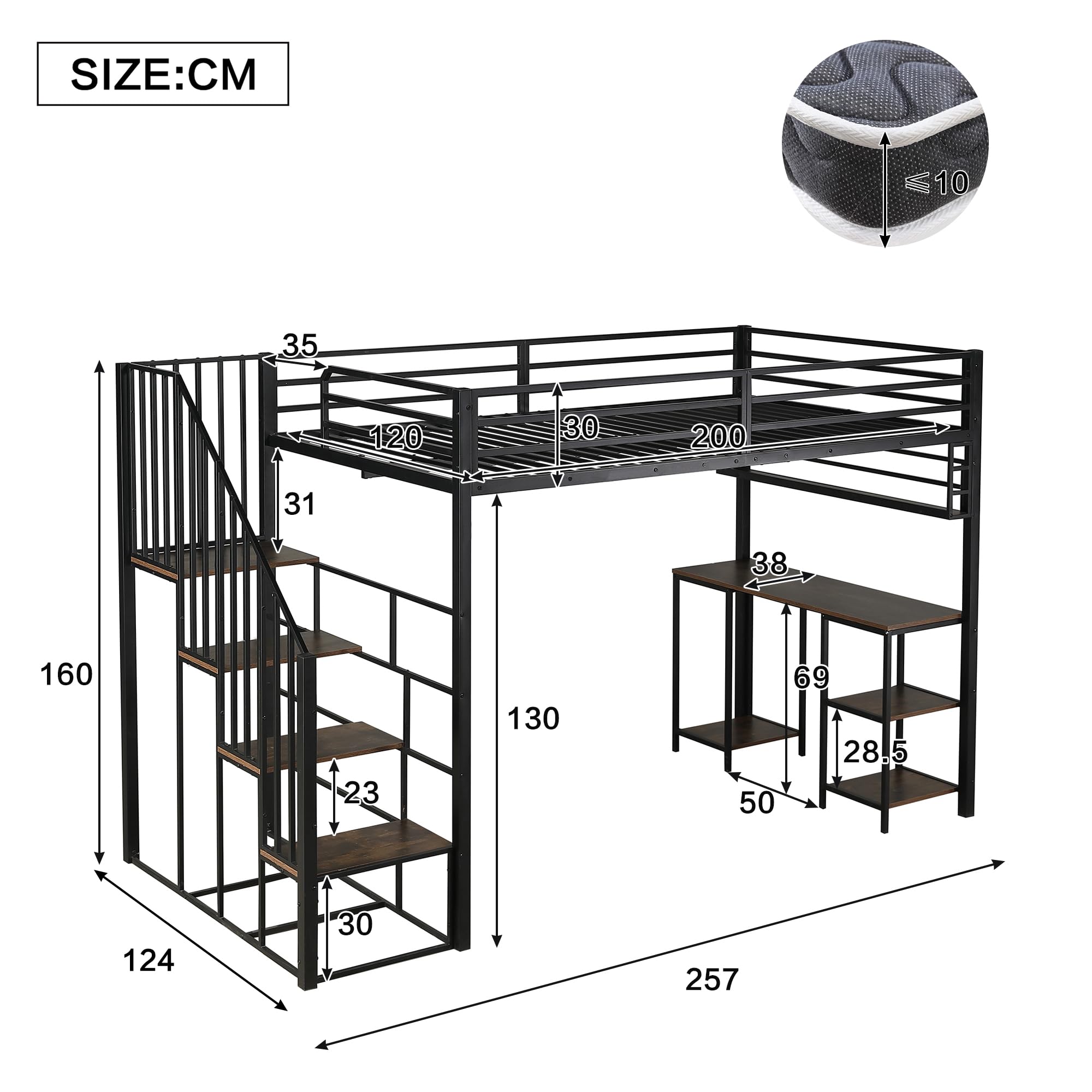 Letto in ferro 120 x 200 cm, letto a soppalco, scale con corrimano, con scrivania e scaffalatura, rete a doghe stabili, ferro + truciolato, nero+scuro