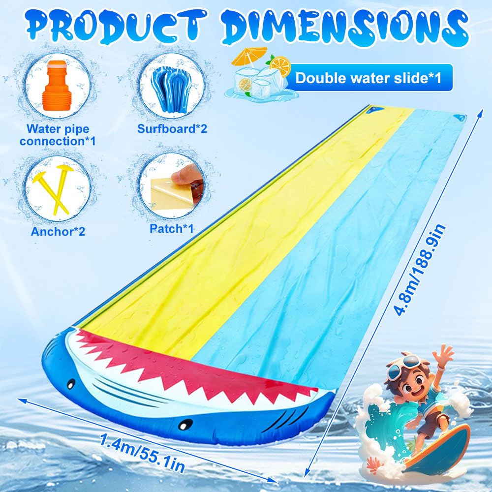 Double Wasserrutsche 15.7ft x 55.1in Rutschbahn Outdoor Wasser mit 2 Bodyboards, Wassersprüher, Wasserbomben Inflatable Water Slide für Garten