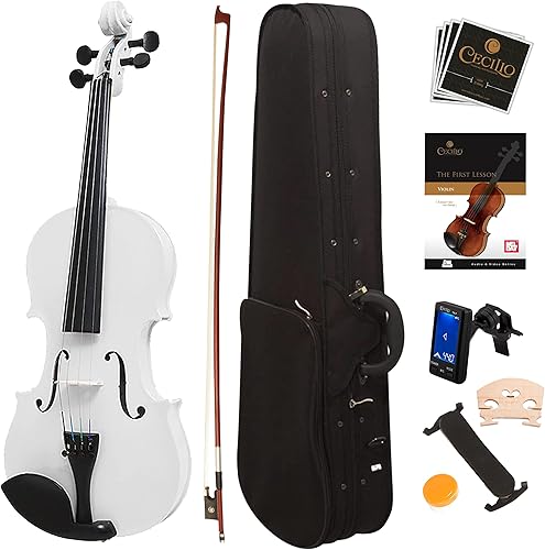 Violín Mendini de madera sólida, libro de lecciones, cuerdas extra, sintonizador violín, arco y estuche, Blanco