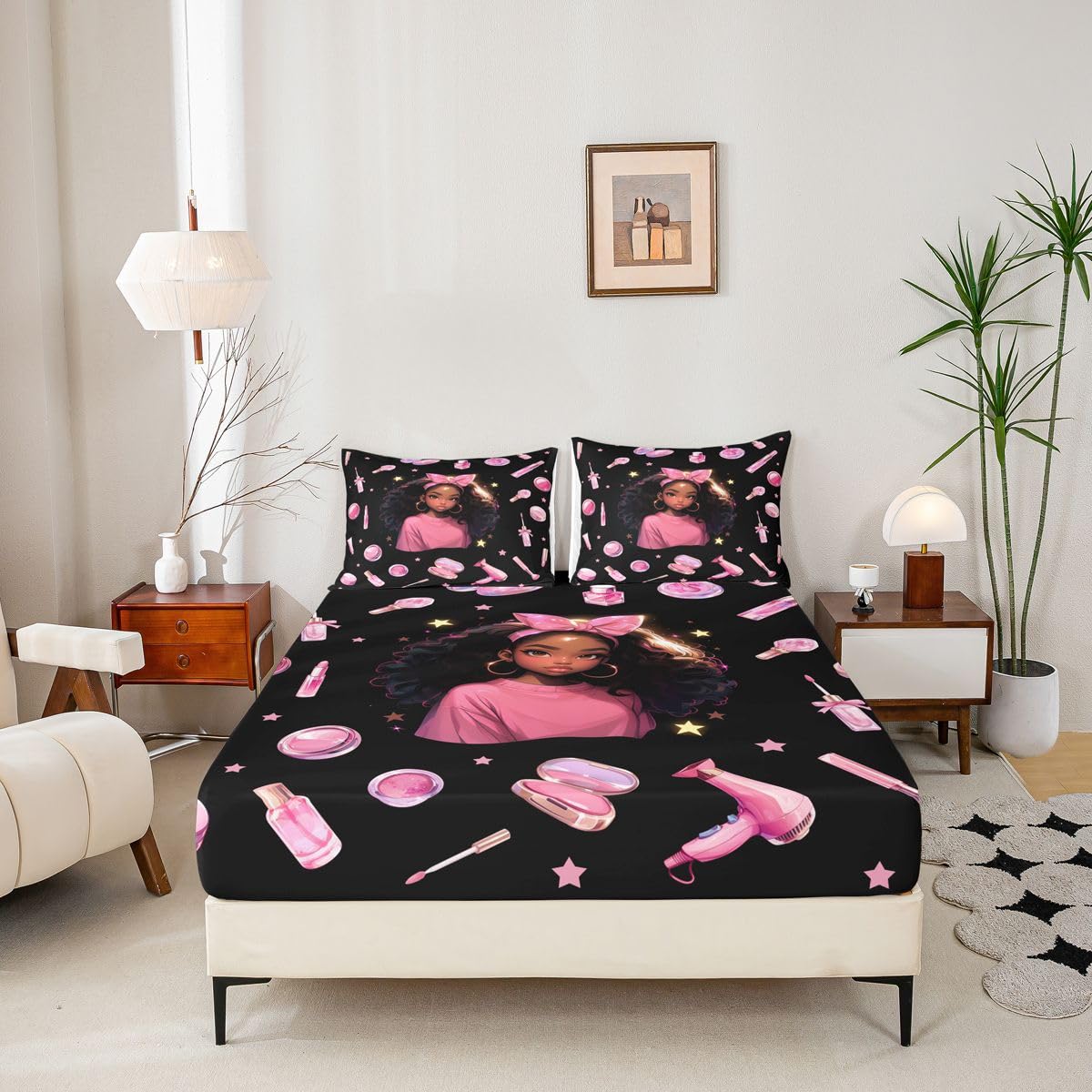 Homewish Prześcieradło z gumką Black Girl King Bowknot z gumką, głęboka kieszeń, 40 cm, zestaw pościeli z gwiazdami, suszarka do włosów, szminka, puder, kompaktowy lakier do paznokci, poszewka na