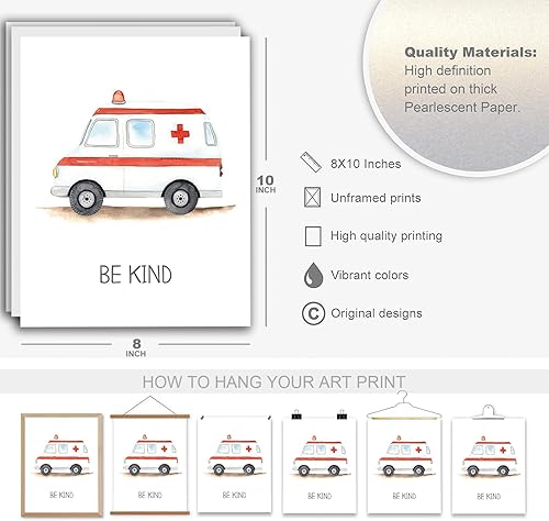 Miniatura 6 de 4 piezas de arte de pared de vehículo de emergencia para decoración de habitación de niños, sin marco, lindo camión de bomberos, ambulancia,