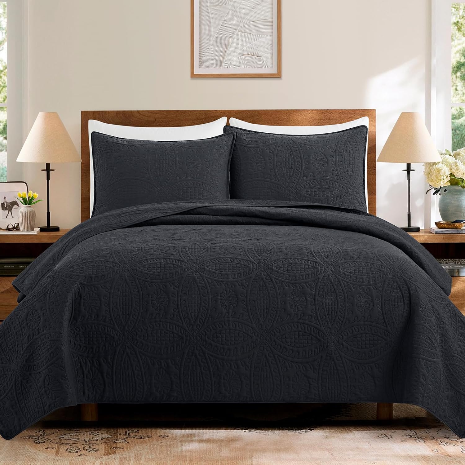 Safonory Quilt Set King Size(106"x96", Black) - Summer Thin Soft Coin Pattern Quilted Bedspread for King Bed - 3 Pieces Lightweight Coverlet Bedding Set(1 Quilt, 2 Shams)