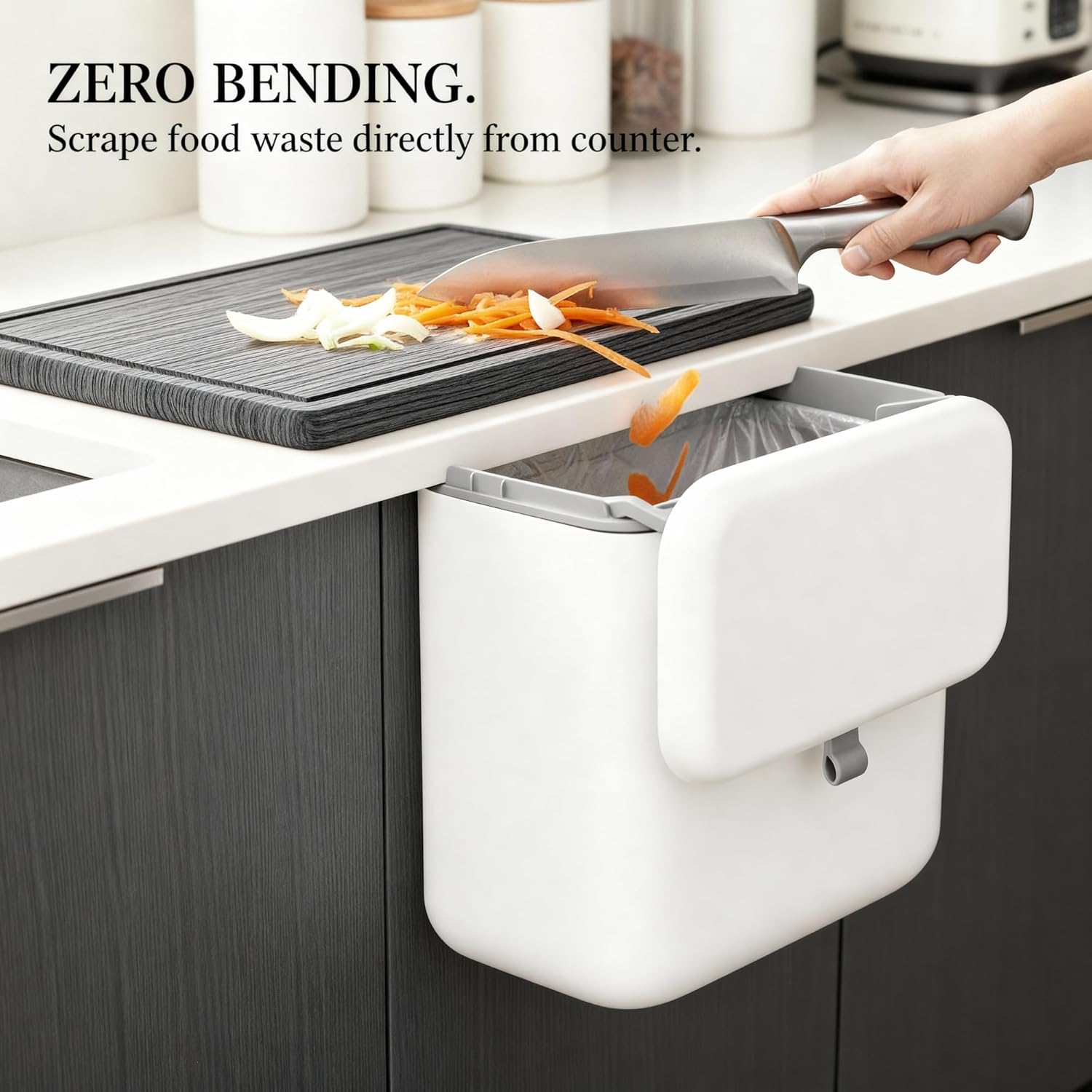 MUEE Hanging Compost Bin [1.8 Gal Standard Fit] Daily Food Scrap Collector with Slide Lid - Under Cabinet Small Trash Can for 2-3 Person Families, RV & Apartment - Matte White