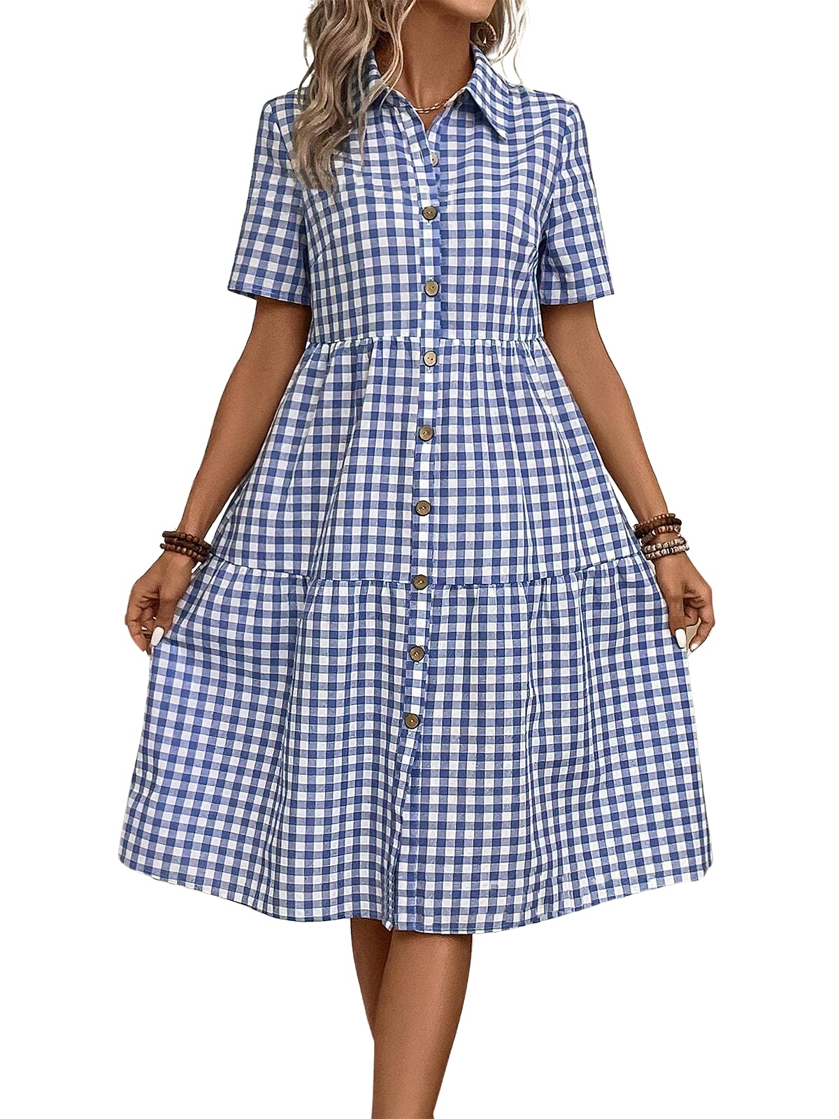 ebossy Women's Retro Plaid Shirt Dress Elegant Lapel Button Up Swing A line Flowy Gingham Mid Tunic Dress