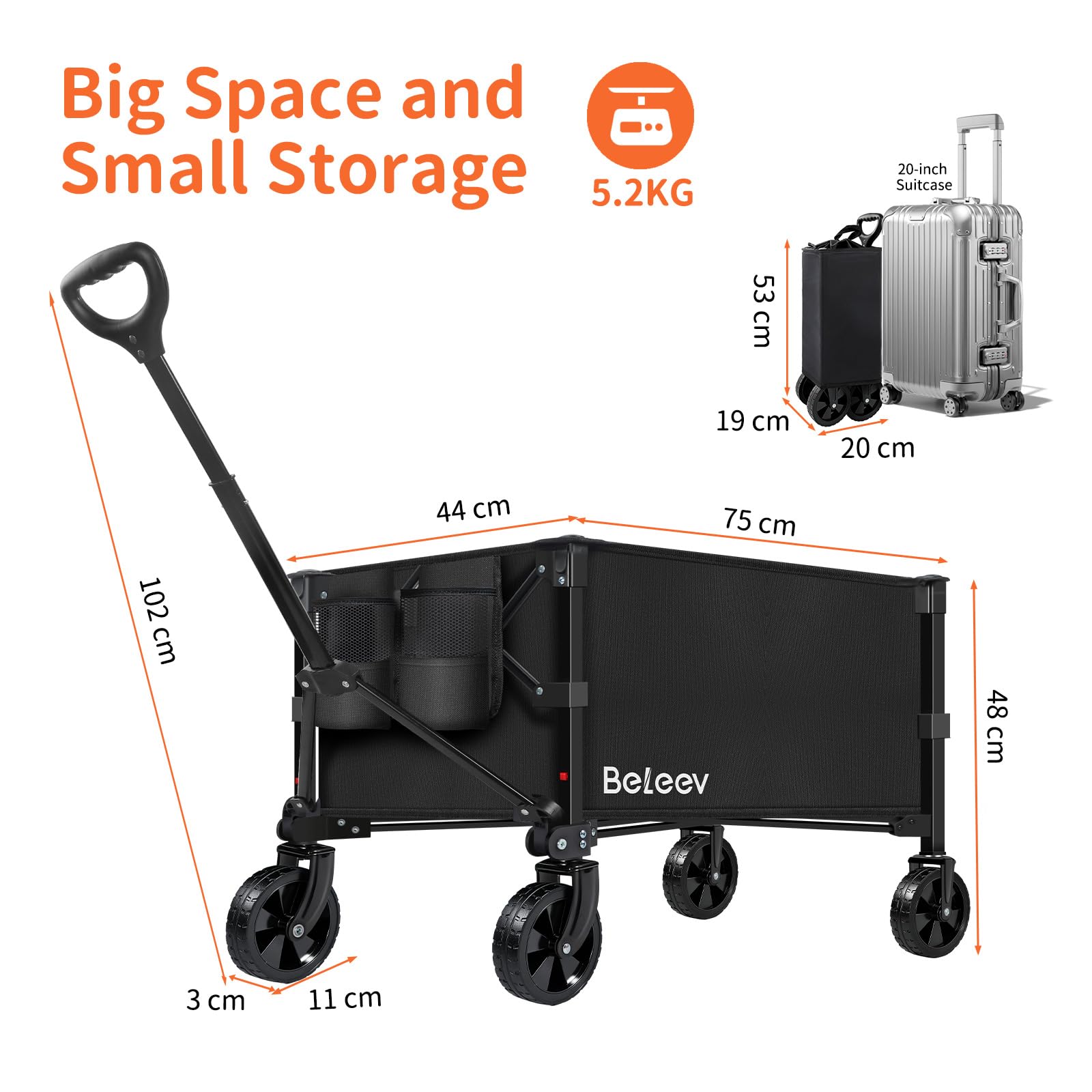 BELEEV Bollerwagen Faltbar mit Getränkehalter 90L Bis 100KG, Faltbarer Bollerwagen Kinder, Gartenkarre, Einkaufswagen, Camping, Einkaufen Festival, Robust Langlebig für Alle Gelände Draussen -90L