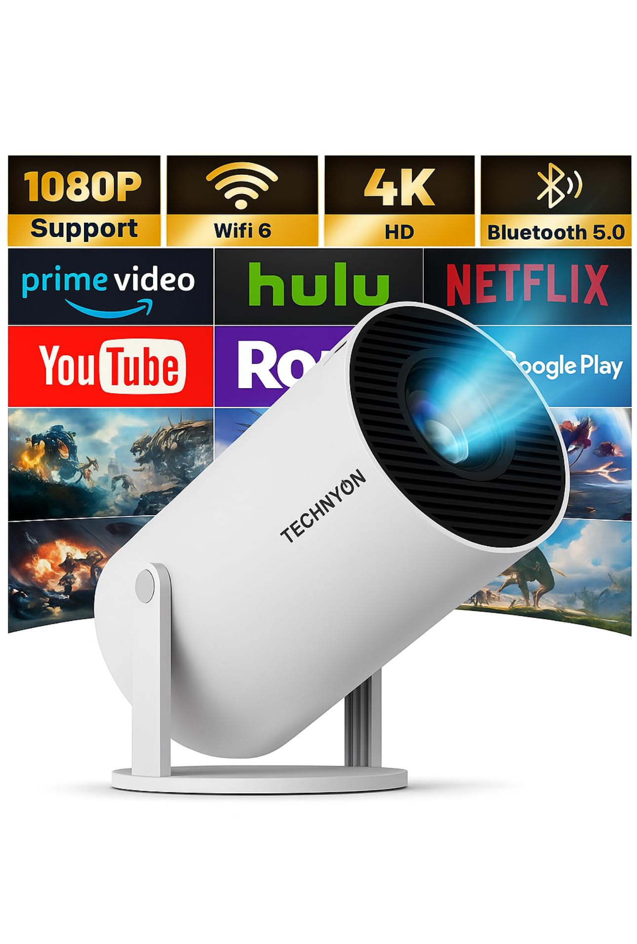 [2025 Upgraded & Android 11.0] Technyon Projector Ultra-FHD 1080P for Home Cinema, Outdoor & Gaming - 12000 Lumens Portable Projector with WiFi & Screen Mirroring - Compatible with iOS, Android, HDMI-image-26