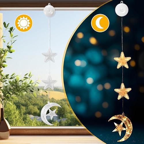 Miniatura 5 de Rossesay 3 piezas de luces de Ramadán Eid, decoración de estrella y ventana, silueta de luna, luces LED para interiores, decoración colgante de