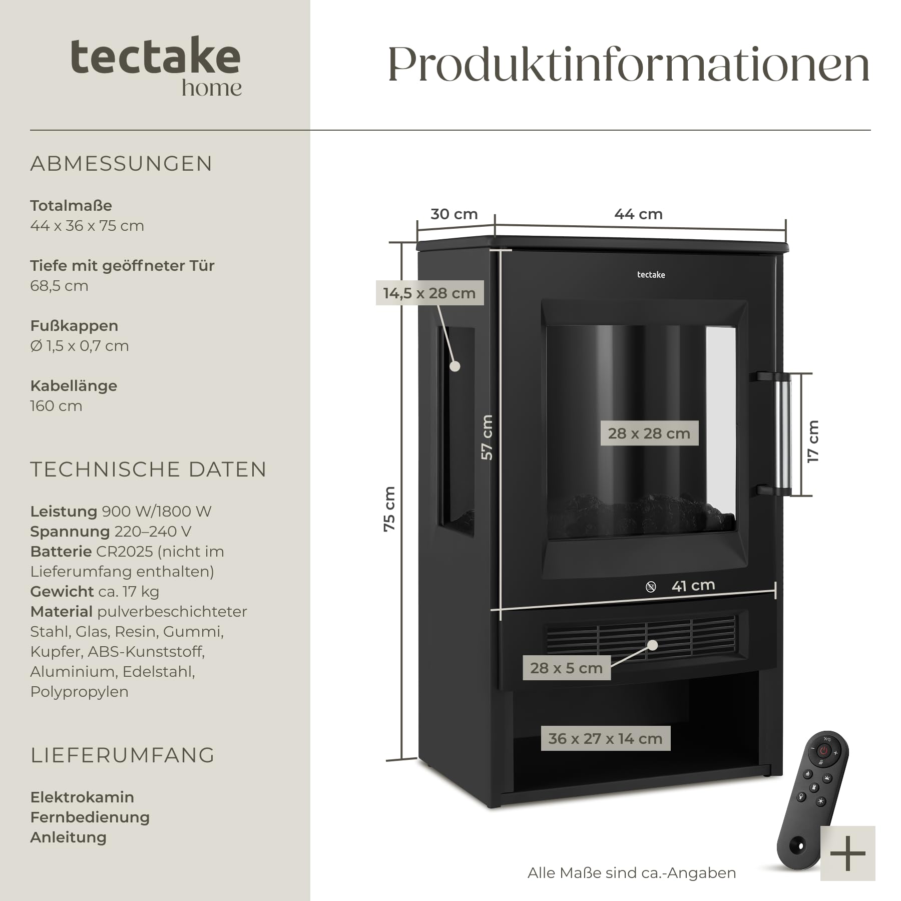 tectake® Elektrokamin mit 2 Heizstufen 900W/1800W, elektrischer Kamin mit 3D-Flammeneffekt Kaminfeuer in 8 Farben, Kamin mit Fernbedienung und Tuya-App-Steuerung, Timer, Elektro Kamin, schwarz