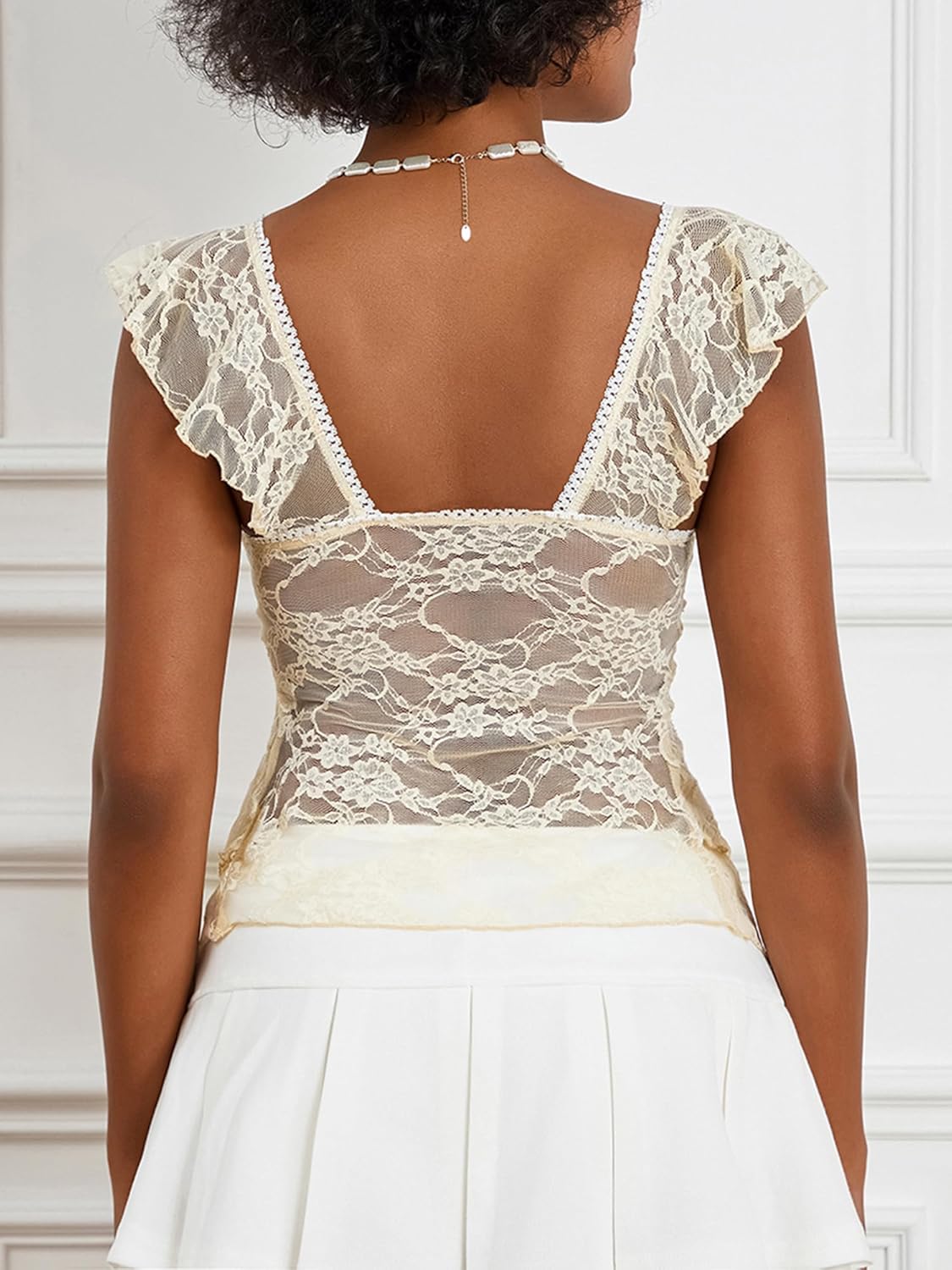 Women Lace Tank Top Cap Sleeve Square Neck Vintage Layered Floral Sheer Blouse Lotus Jacquard Babydoll Crop Top - Image 8