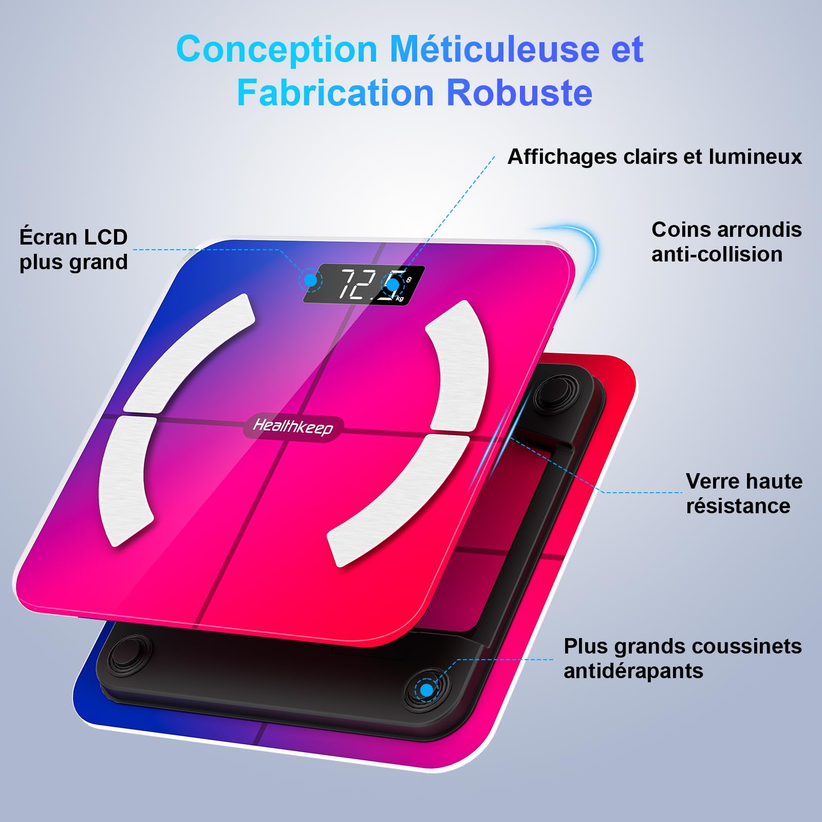Balance Pèse Personne, Healthkeep Balance Impédancemètre Bluetooth Balance Connectée Haute Précision avec App 13 Indicateurs pour Andriod et iOS Max 180kg/400lb/28st, 28 * 28CM - Multicolore