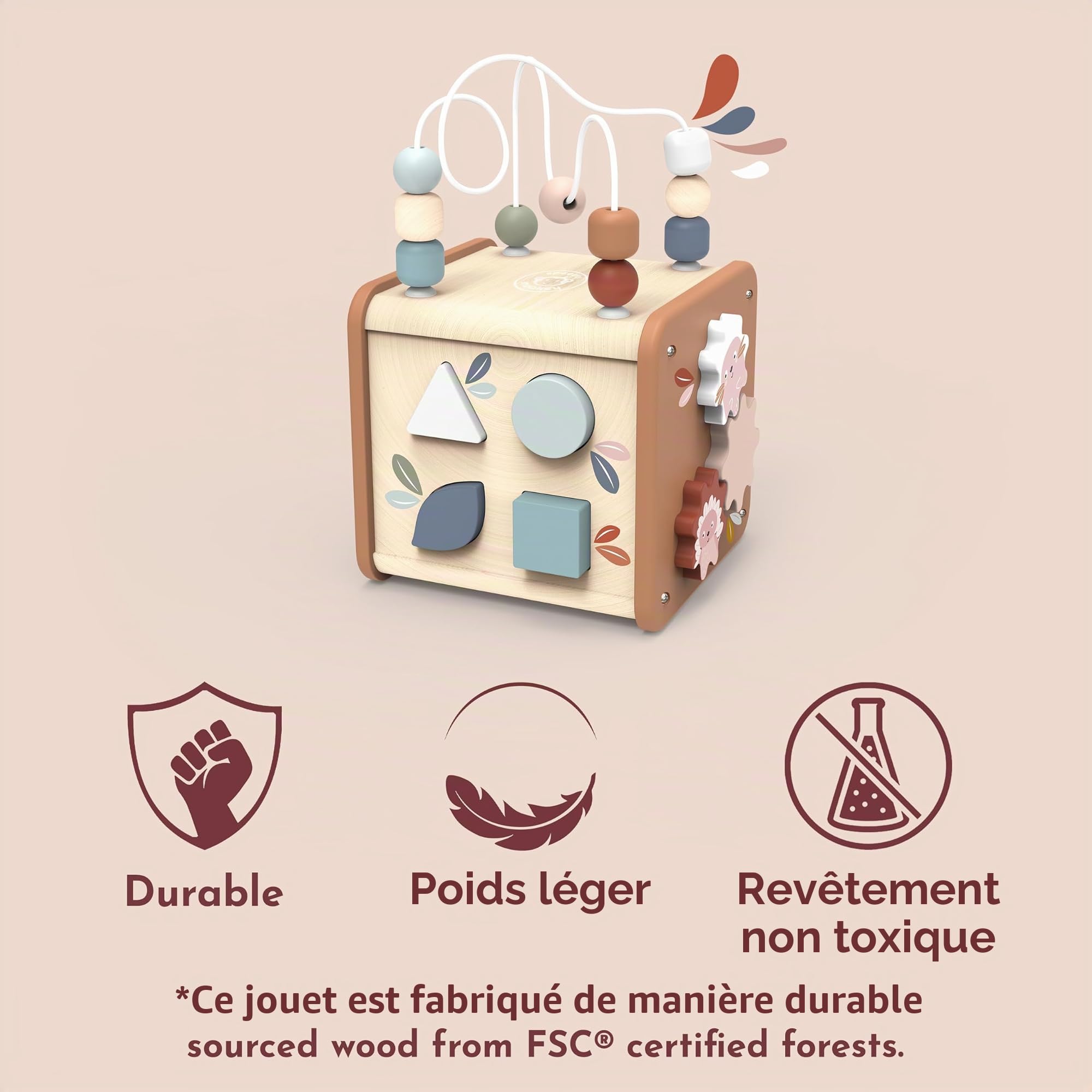 Speedy Monkey - Cube d’Activités Bébé 5 en 1 en Bois FSC - Jouet Montessori 12 Mois et Plus - Labyrinthe de Perles, Trieur de Formes, Engrenages - Cube Éveil Bois Enfant