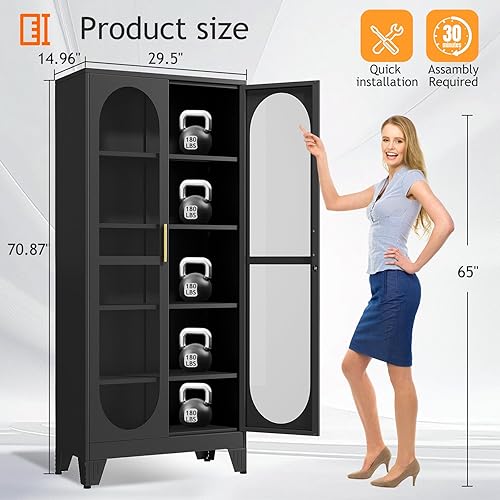 Miniatura 34 de Gabinete de almacenamiento de despensa negro de 61 pulgadas, armario de despensa de cocina con puertas y estantes de vidrio acrílico, con pie de