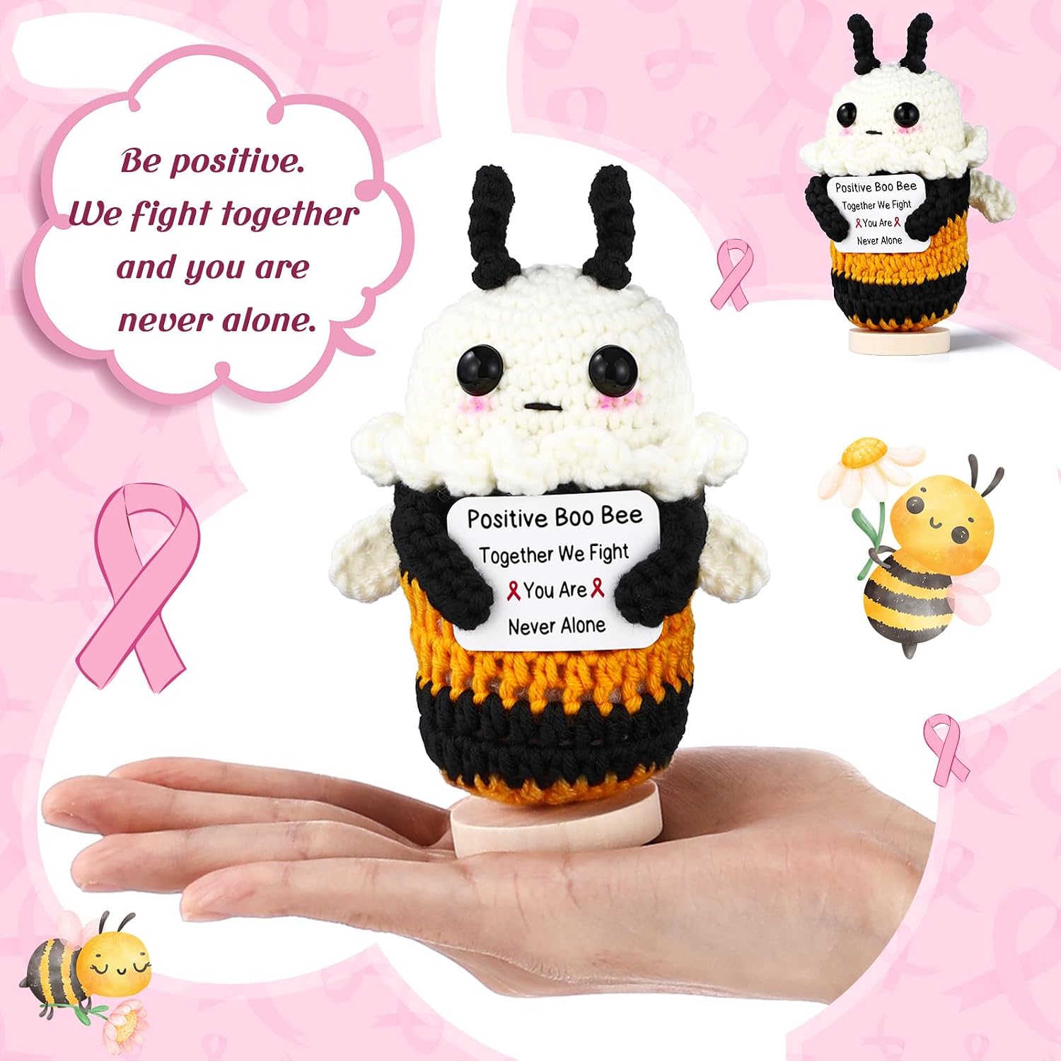Soulchen Breast Cancer Gifts for Women Positive Bee Crochet with Support Card Breast Cancer Survivor Gifts Cancers Awareness Decorations Heal Knitted Decor