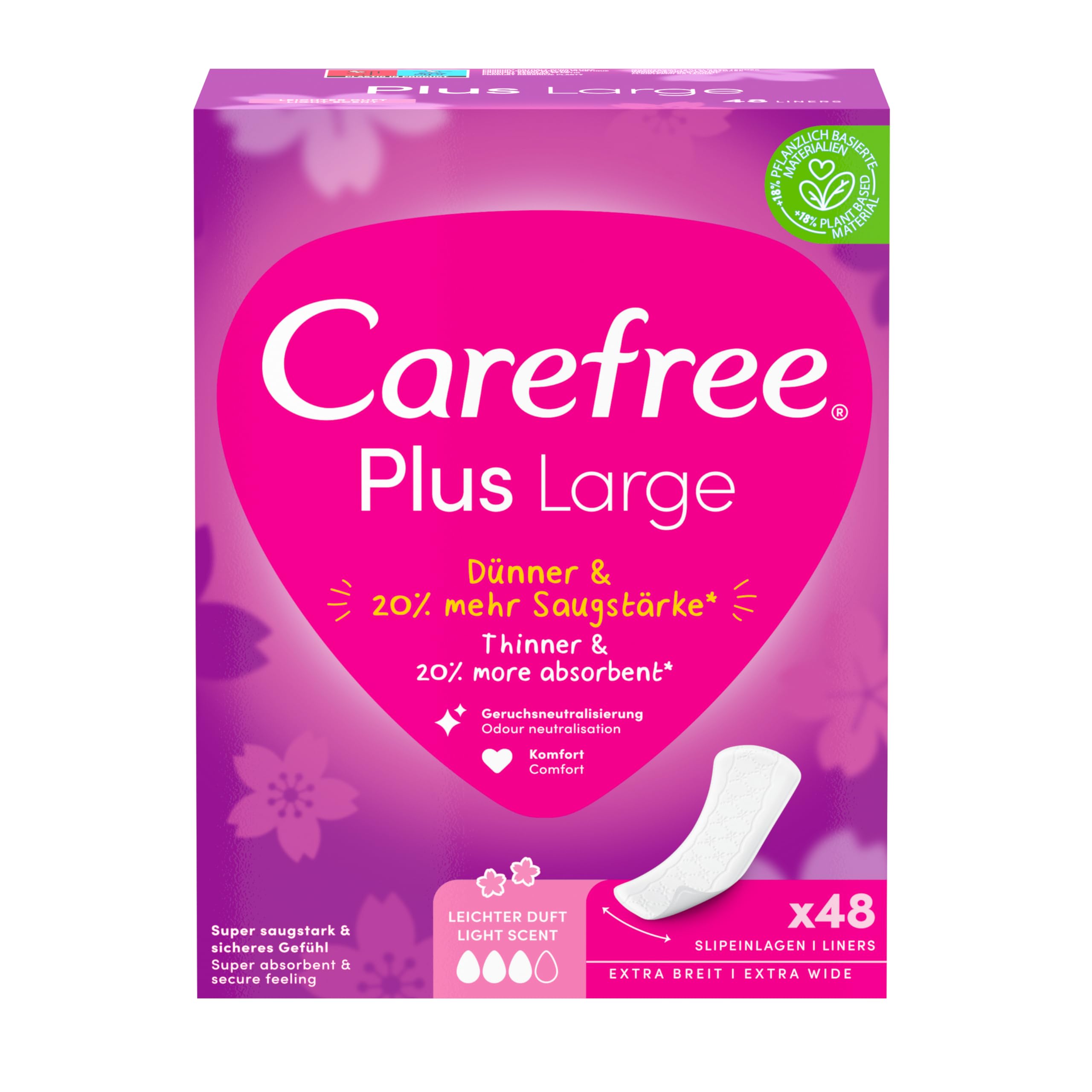 Carefree 48 x Large Plus Large Pantiliners with Light Fragrance, Super Absorbent to Lock in Liquids Instantly, Large